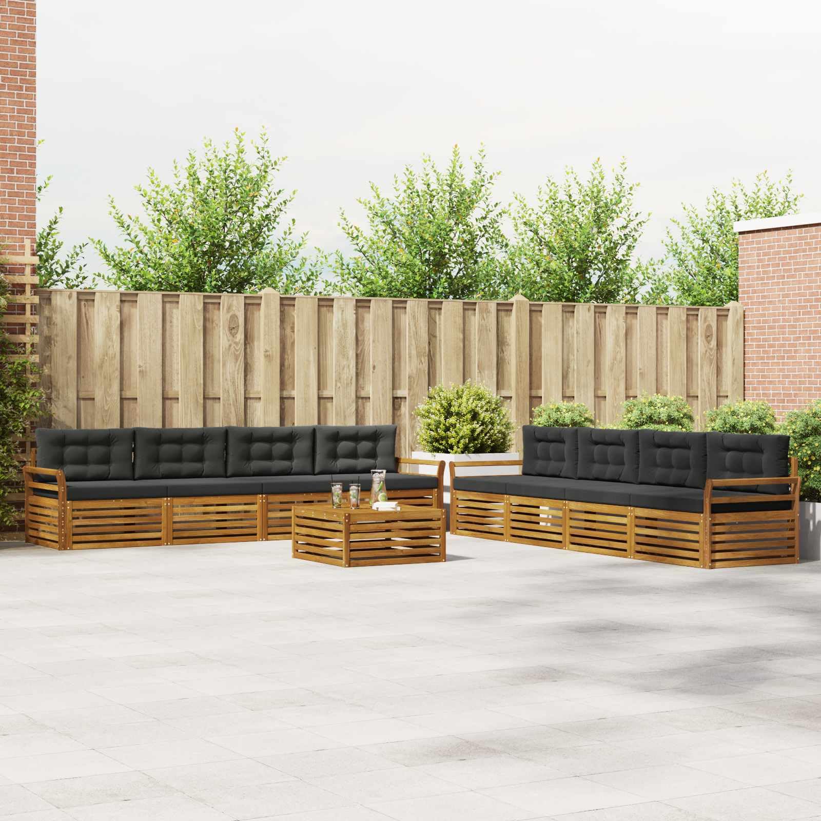 Conjunto de sofás de Exterior 9 pcs Madera de Acacia Natural y Antracita con Cojines modulares para terraza jardín hogar diseño listonado y Respaldo cómodo