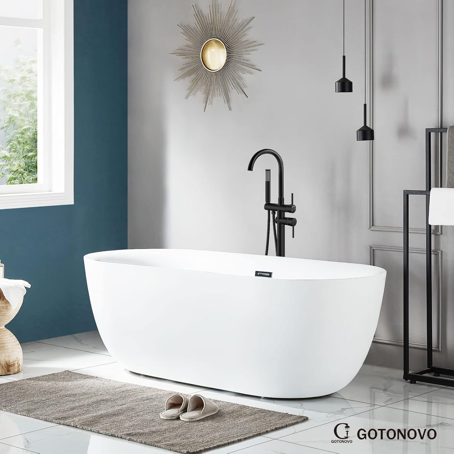 Chеареѕt 🛒 Floor Mounted Tub Faucet Freestanding Bathtub Filler with Hand Held Shower Black High Flow Brass Mixer Taps Swivel Spout
