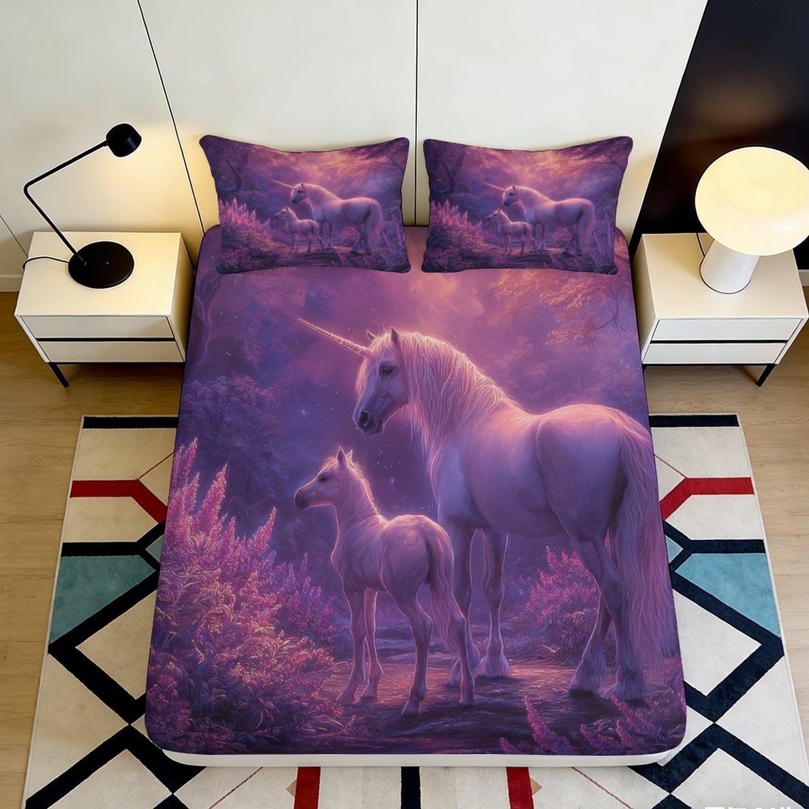 3D Printed Purple Fantasy Unicorn Fitted Sheet Microfiber Soft Anti-Slip Mattress Cover for Bedroom Dorm Decor 200x200x25cm