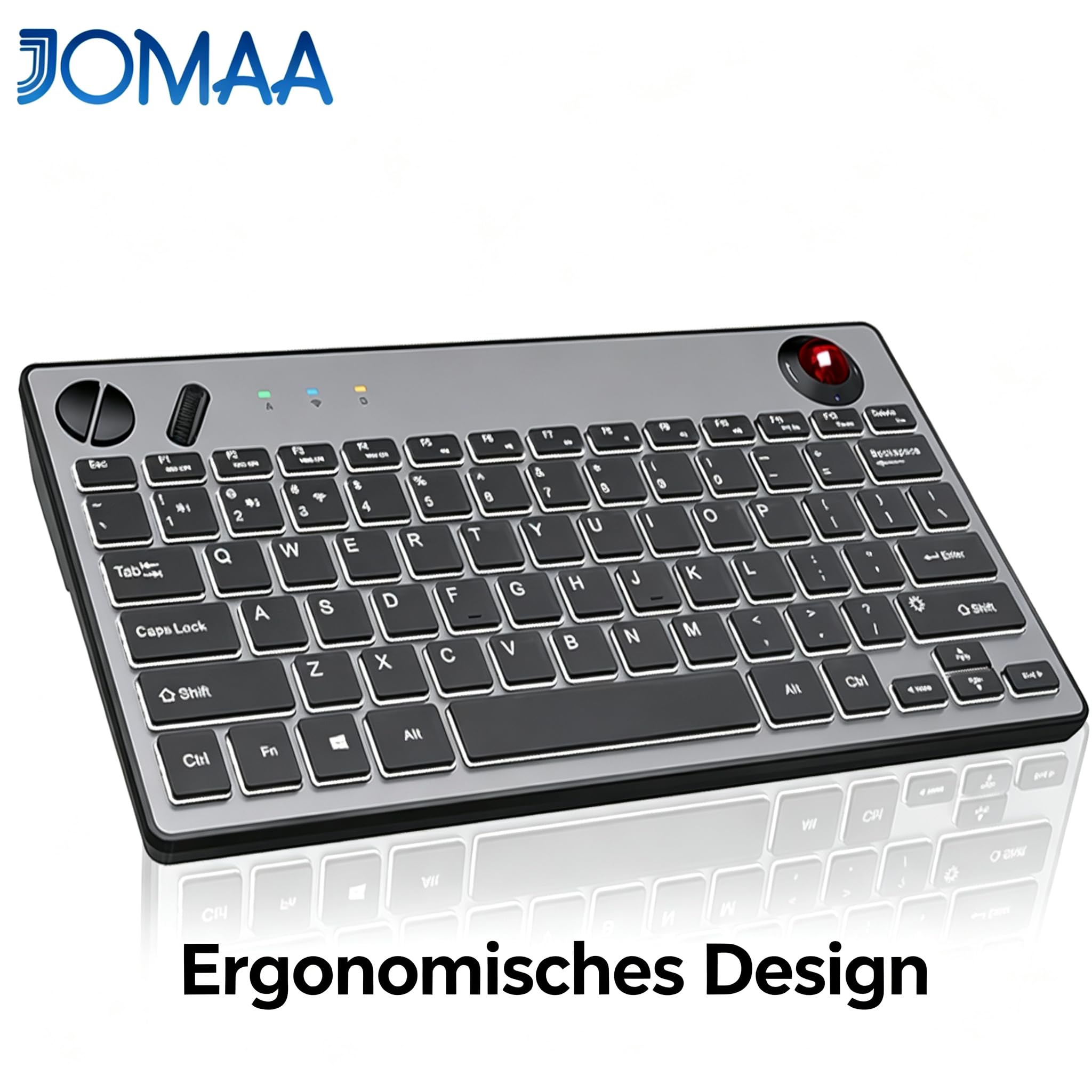JOMAA Clavier trackball sans fil rétroéclairé à trois modes, 78 touches, 800-1600 CPI réglable, ergonomique, rechargeable, silencieux Bluetooth 5.4/2.4G/filaire