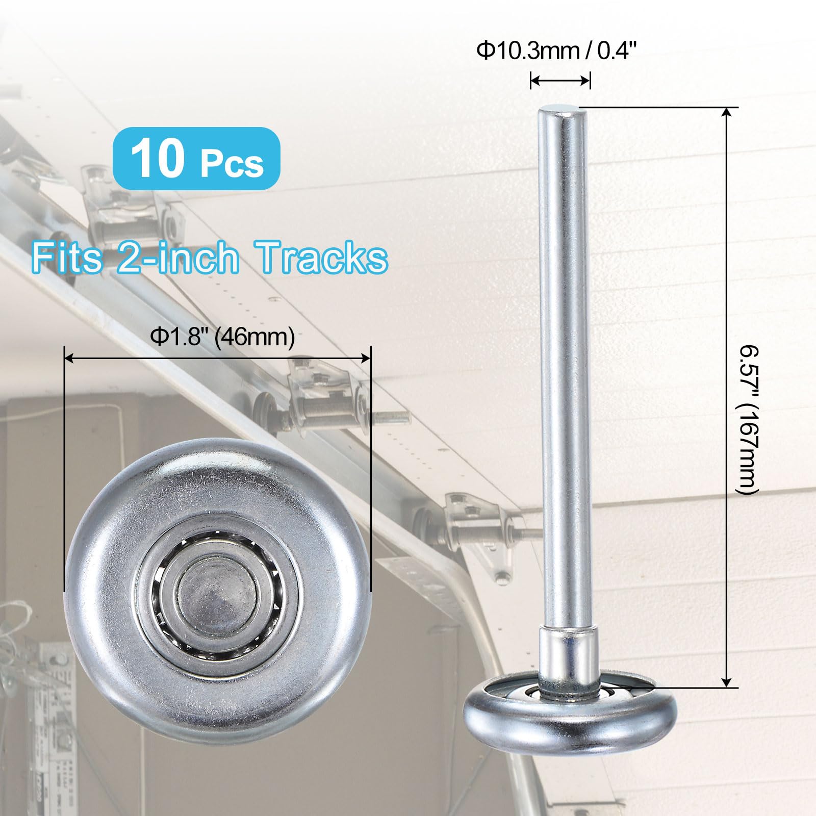 QUARKZMAN 10 Uds 1.8" Rodillos de Puerta de Garaje de Acero Para 2" Rieles de Garaje, Ruedas de Rodillos de 7" Vástago Largo, Rodamiento de Precisión Con 10 Bolas, Tono Plateado