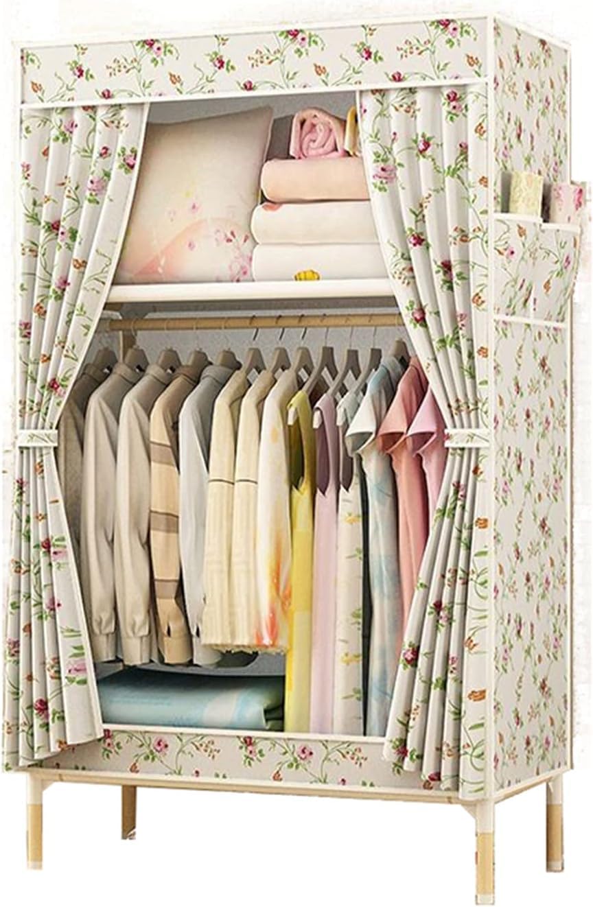 Armario Plegable con borlas, Dormitorio portátil, Armario de Tela para Dormitorio, Barra de Ropa de Madera Maciza, Organizador de Almacenamiento para Colgar