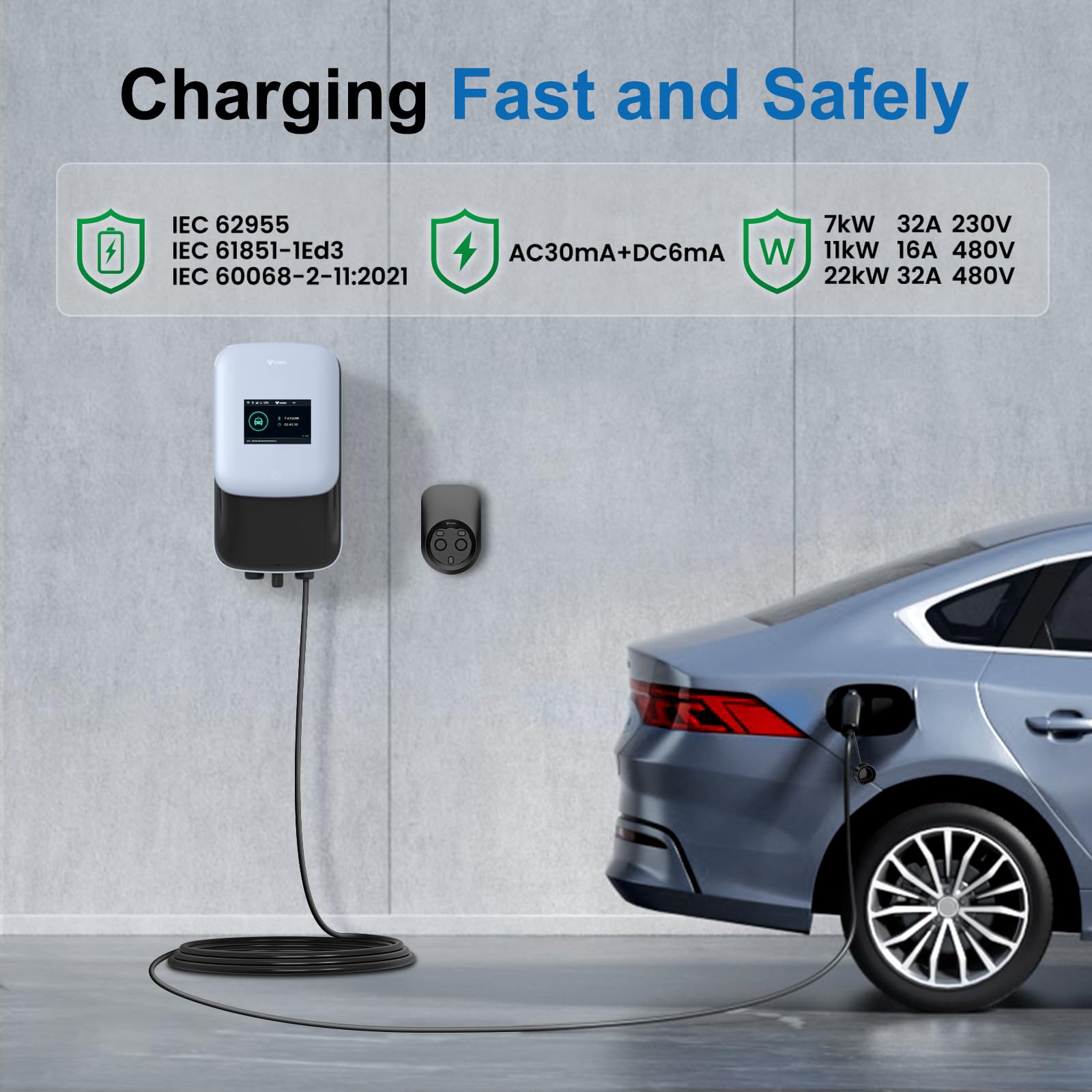 GONEO Stacja ładująca 11 kW 8A-16 A, Wallbox do pojazdów elektrycznych, 480 V, trójfazowa OCPP z kablem 5 m z kartą RFID, IP65, IK10, ochrona 4G, Wi-Fi, aplikacja, sterowanie Bluetooth