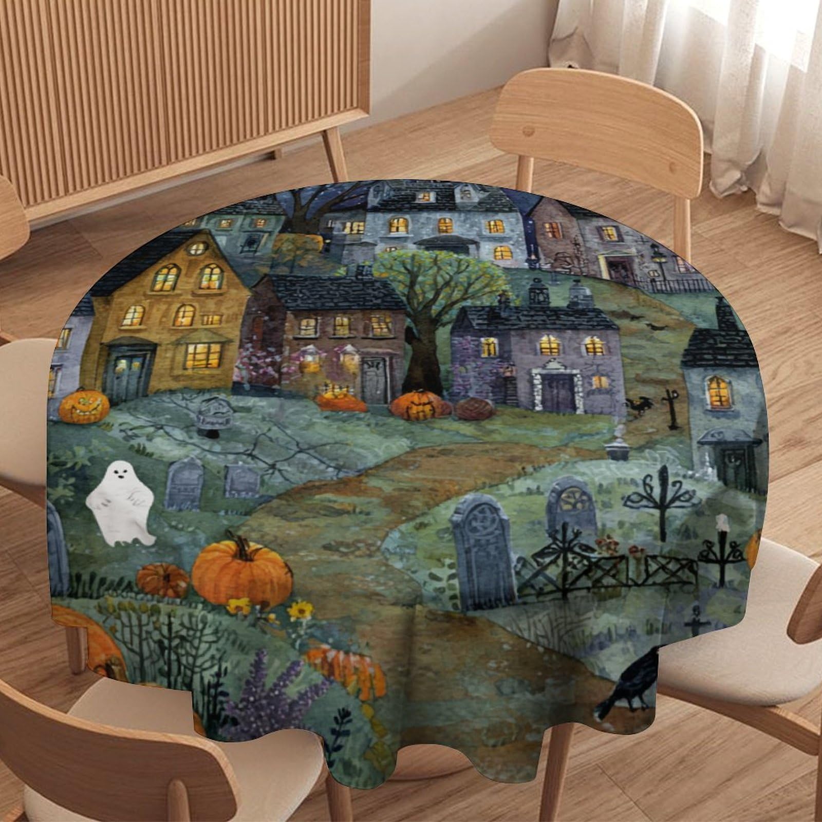 Luyysky Cute Classic Halloween Night Round Tablecloth Anime Gothic Aesthetic Full Moon Animals Crows Bats Ghosts Pumpkins Washable Decor For Table Cover For Kitchen-127 Wx127 L Cm