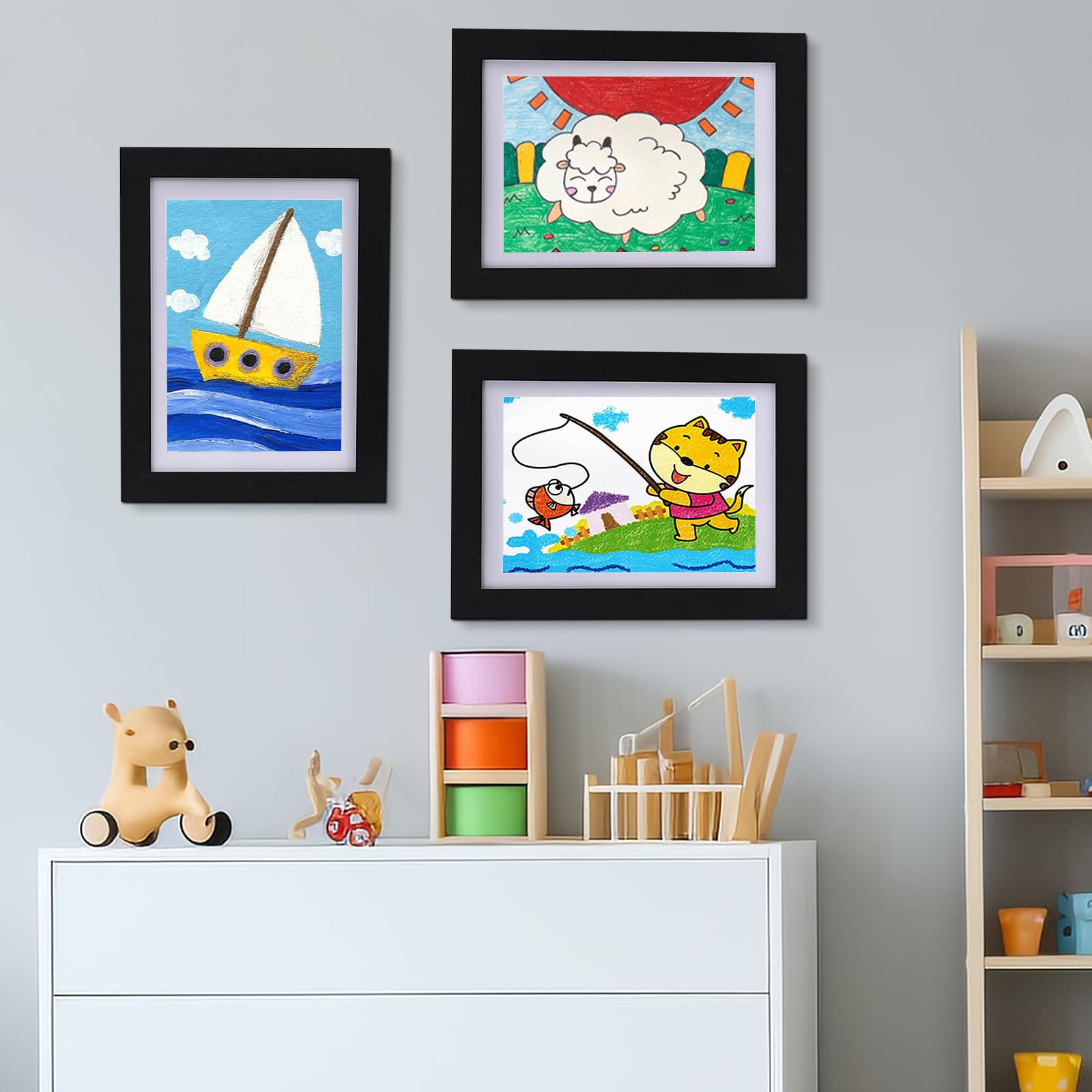Befüllba - Marco de fotos infantil A4, 2 marcos de fotos de arte para niños, madera, plegable, marco artístico ideal para proyectos de arte, escuela, hogar (negro)