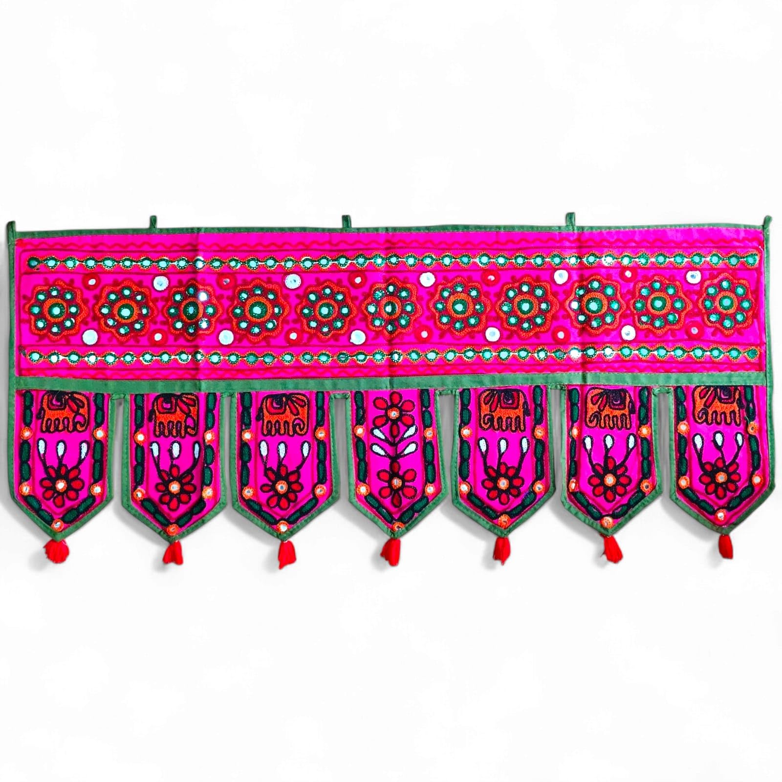 Original Kikan Elephant Handmade Tapestry Cotton Door Wall Hanging Ethnic Topper Toran Indian Window Valance (37 x14 Inches) (PINK)