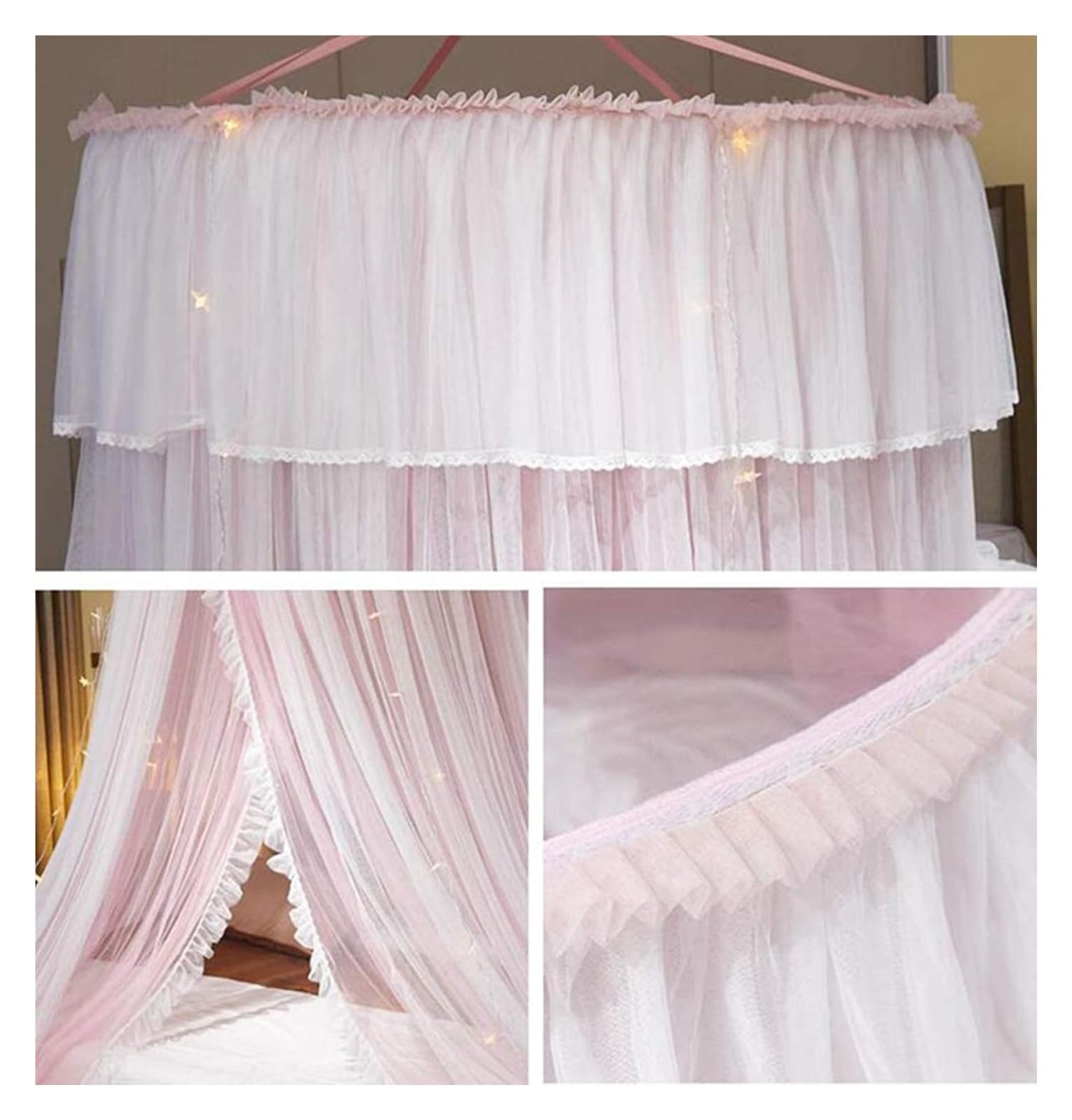 Tenda da Letto, Baldacchino da Letto, for Ragazze, Tenda a baldacchino - a Cupola in Rete Trasparente a Doppio Strato con zanzariera Princess in Pizzo Rotondo for Letti Gemelli Queen King