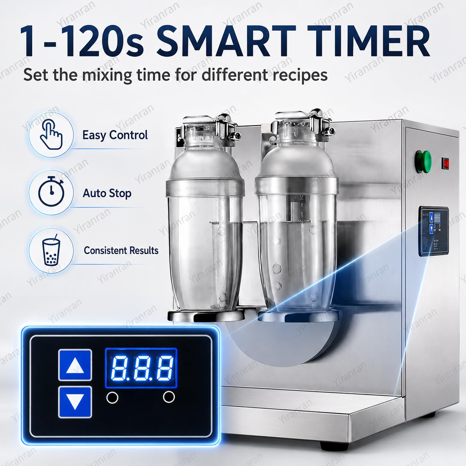 Komercyjny automatyczny shaker do herbaty Boba, Shaker do herbaty mlecznej, automatyczny mikser z podwójną filiżanką, timer 1-120s, regulowane uchwyty na kubki, regulowana prędkość, zawiera 2