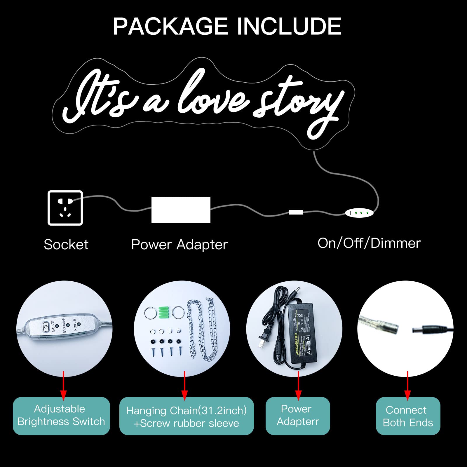 Letreros de neón para decoración de pared, letrero de neón LED grande con texto en inglés "It's A Love Story", letreros de luces de neón personalizados para dormitorio, decoración de boda, compromiso,