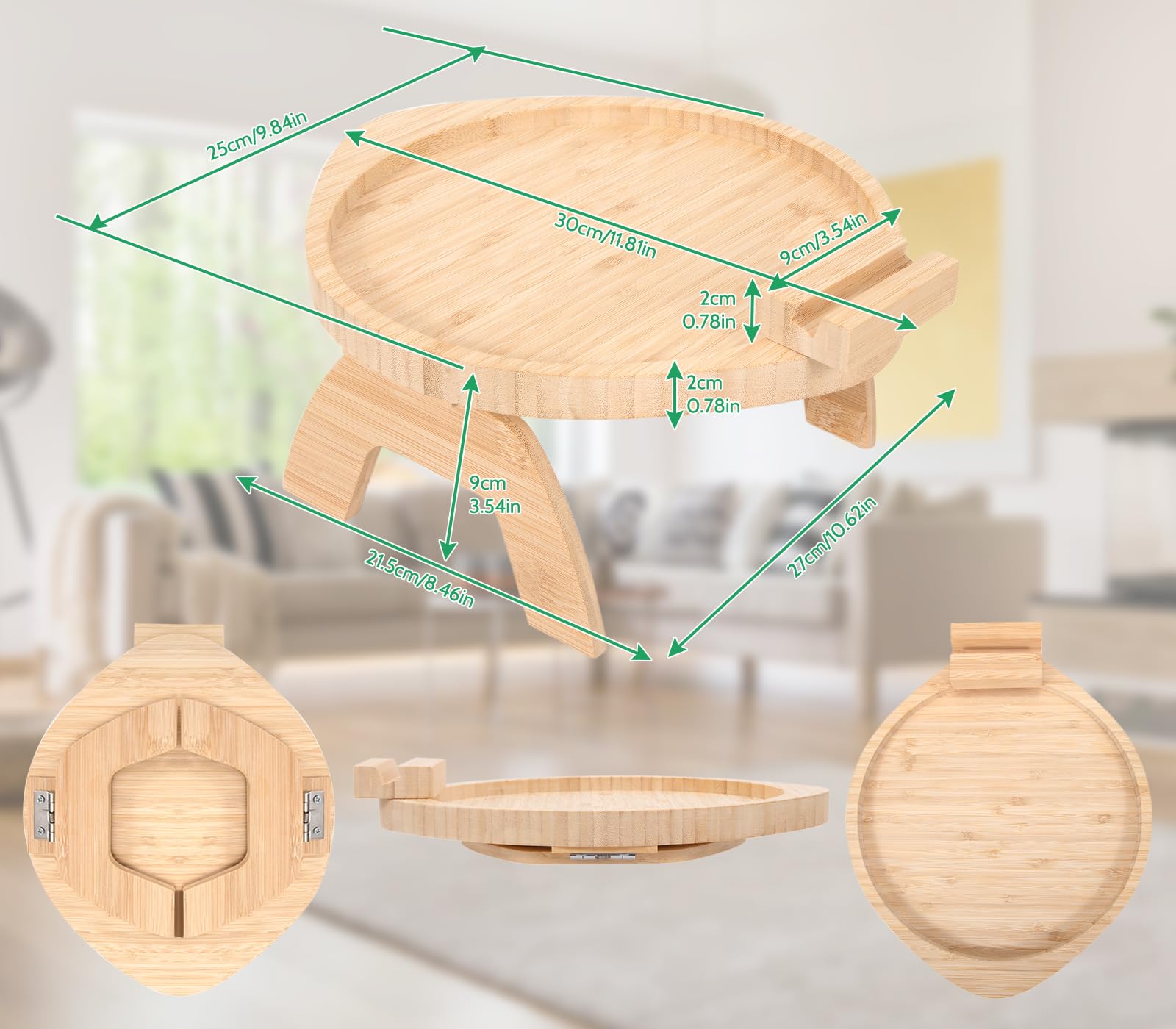 Vassoio da Divano in Legno di Bambù Pieghevole Vassoio da Bracciolo con Supporto per Telefono Girevole a 360° per Braccioli Tavolino da Tavolo per Snack Bevande Telecomando