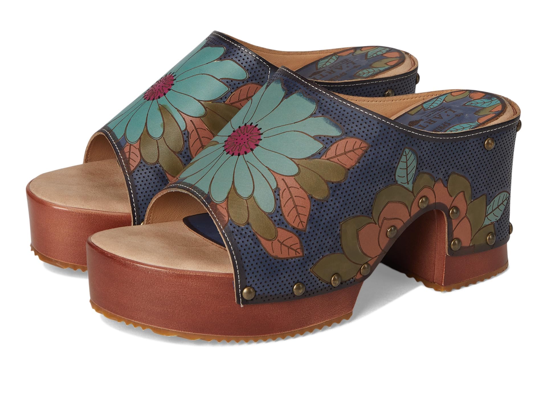 Spring Step L'artiste Teeshirt Women's Sandals – Handpainted Leather Slides, Retro Floral Design, Cushioned Footbed, Slip-On