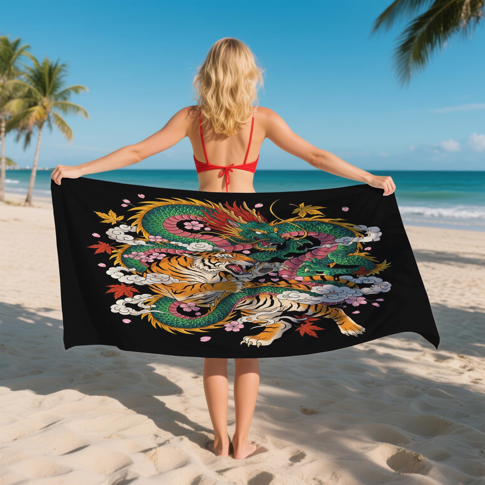 Serviette de Plage XXL Microfibre Dragon Chinois Tigre, Drap de Plage Séchage Rapide Anti Sable & Légère, Serviette de Bain Grande Taille 200x200 cm, Accessoire & Cadeau été