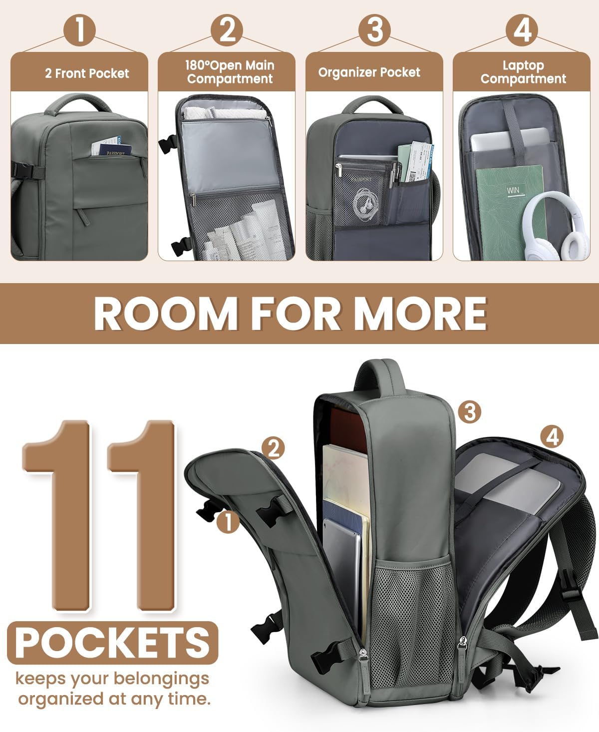 Travel Backpack for Women Man, Waterproof Personal Item Travel Bag Airline Approved Laptop Backpack Bookbag Weekender bags for Business,Travel, Work Fits 15.6 inch Laptop(Medium,Green) - Image 4