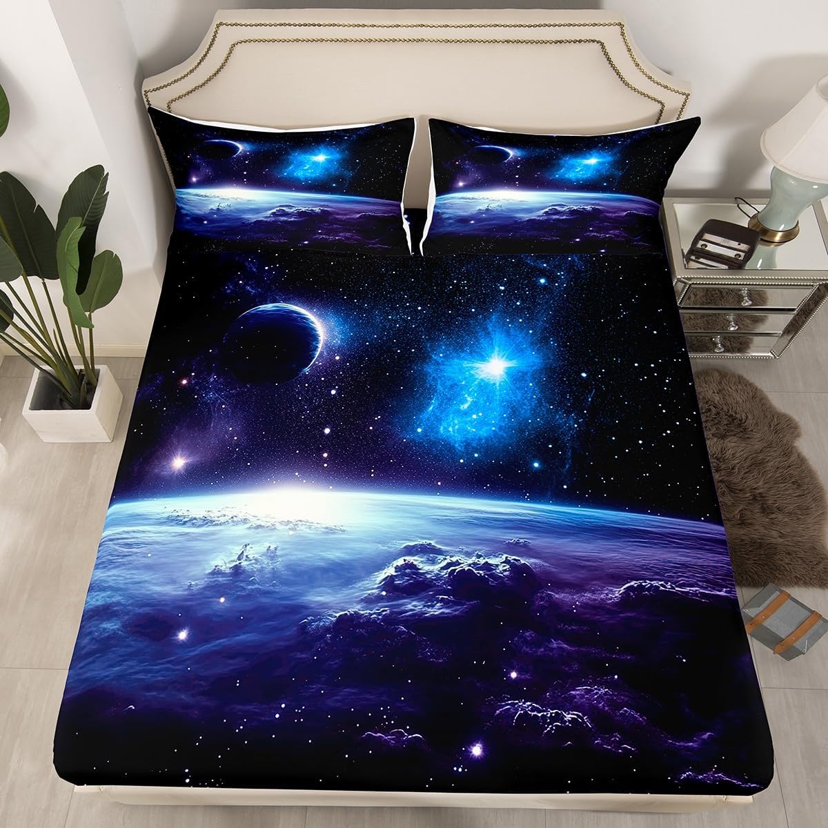 Galaxy Bedsheet 3D Universe Starry Sky Fitted Sheet Blue Purple Nebula Home Decor Fitted Sheet Deep Pockets Galaxies Series Outer Space Theme Sheet Set,1 Fitted Sheet with 1 Pillow Case, Twin XL