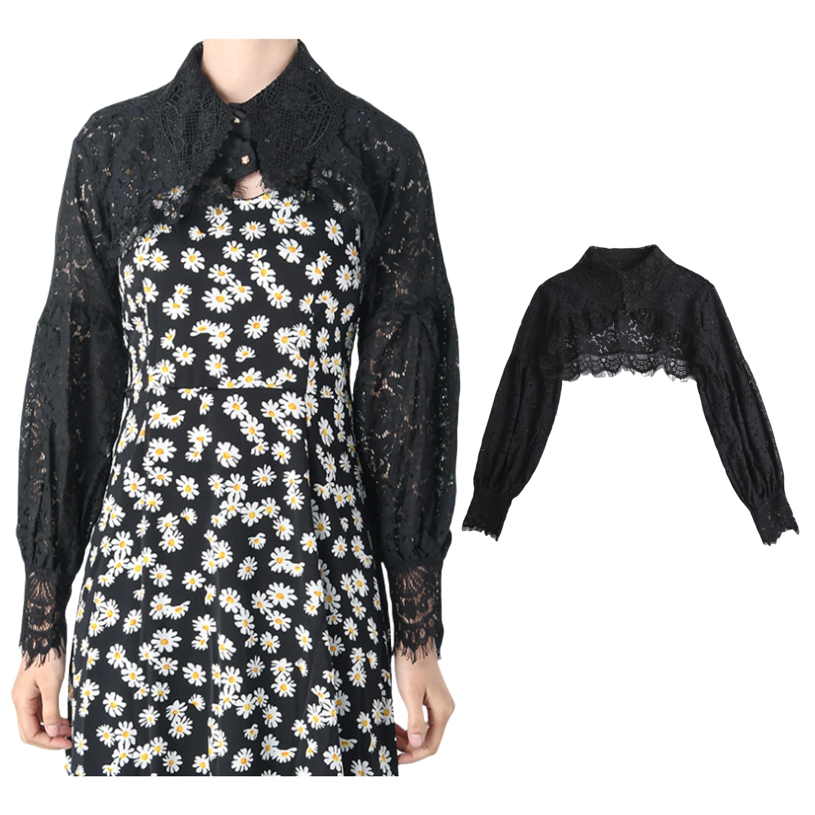 TouKingda Lace Fake Collar for Women Long Sleeve Detachable Half Shirt Blouse Dickey False Collar Party Dresses Crop Top Clubwear Rave Outfits, Black