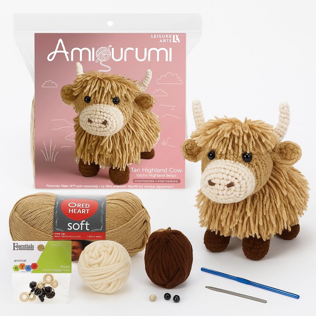 LEISURE ARTS Crochet Kit Amigurumi Highland Cow, Tan, Beginner for Adults, Animal Kit, Crotchet