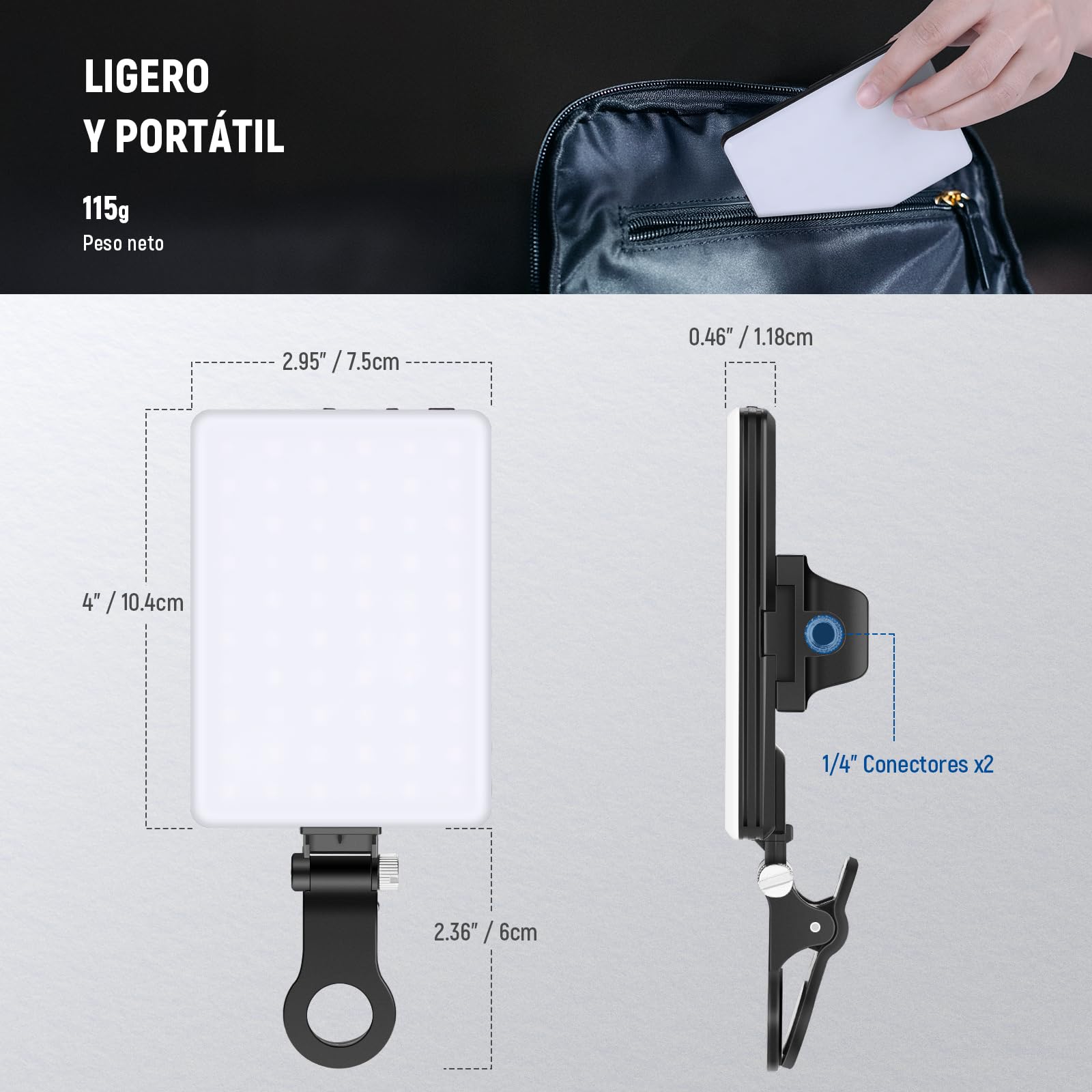 NEEWER BÁSICO Clip on Luz LED Selfies Compatible con iPhone, Recargable 2000mAh, con Soporte Teléfono Paño Limpieza, Luz Relleno para Webcam Laptop Zoom Videoconferencia Grabación Maquillaje, NL-60AI