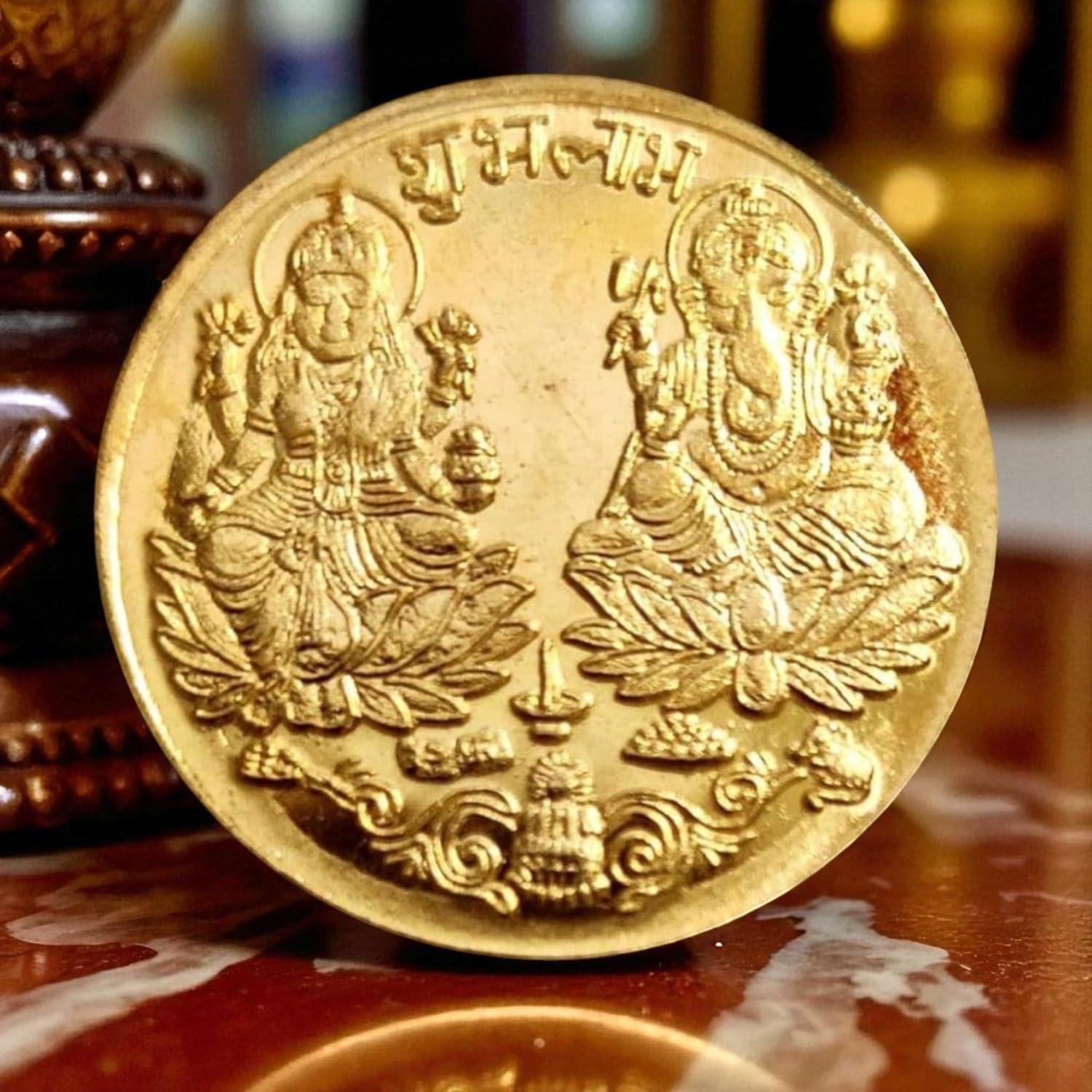 Authentic Ganesh Laxmi Shri Yantra Energized Coin Pure Brass 10 Gram for Blessings, Wealth, Prosperity, Locker, Gifting-image-10