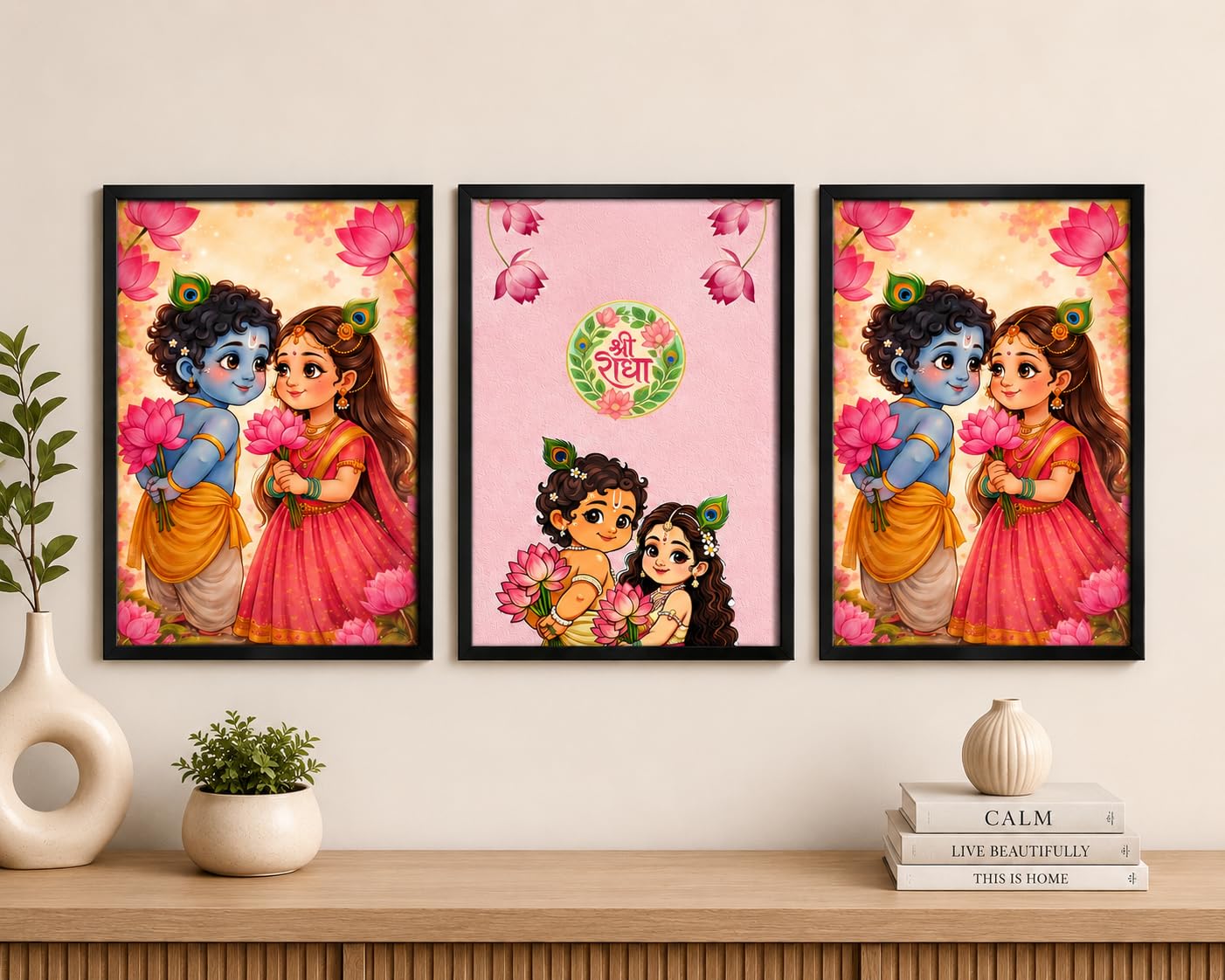 Cute Krishna Radha Wall Frame Combo | Floral Artwork-image-10