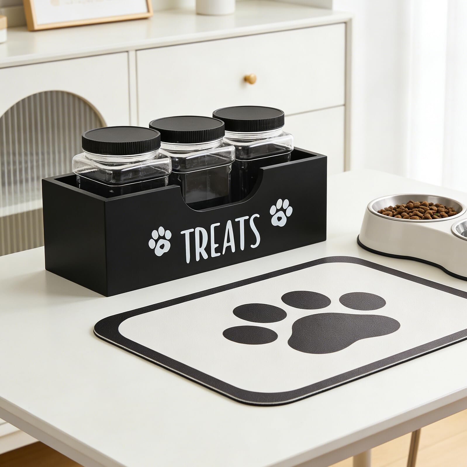 Contenitore Ermetico per Dolcetti Cani con 3 Barattoli Neri – Organizzatore di Snack per Animali Domestici Compatto e Portatile – Conservazione Igienica per Cuccioli in Cucina
