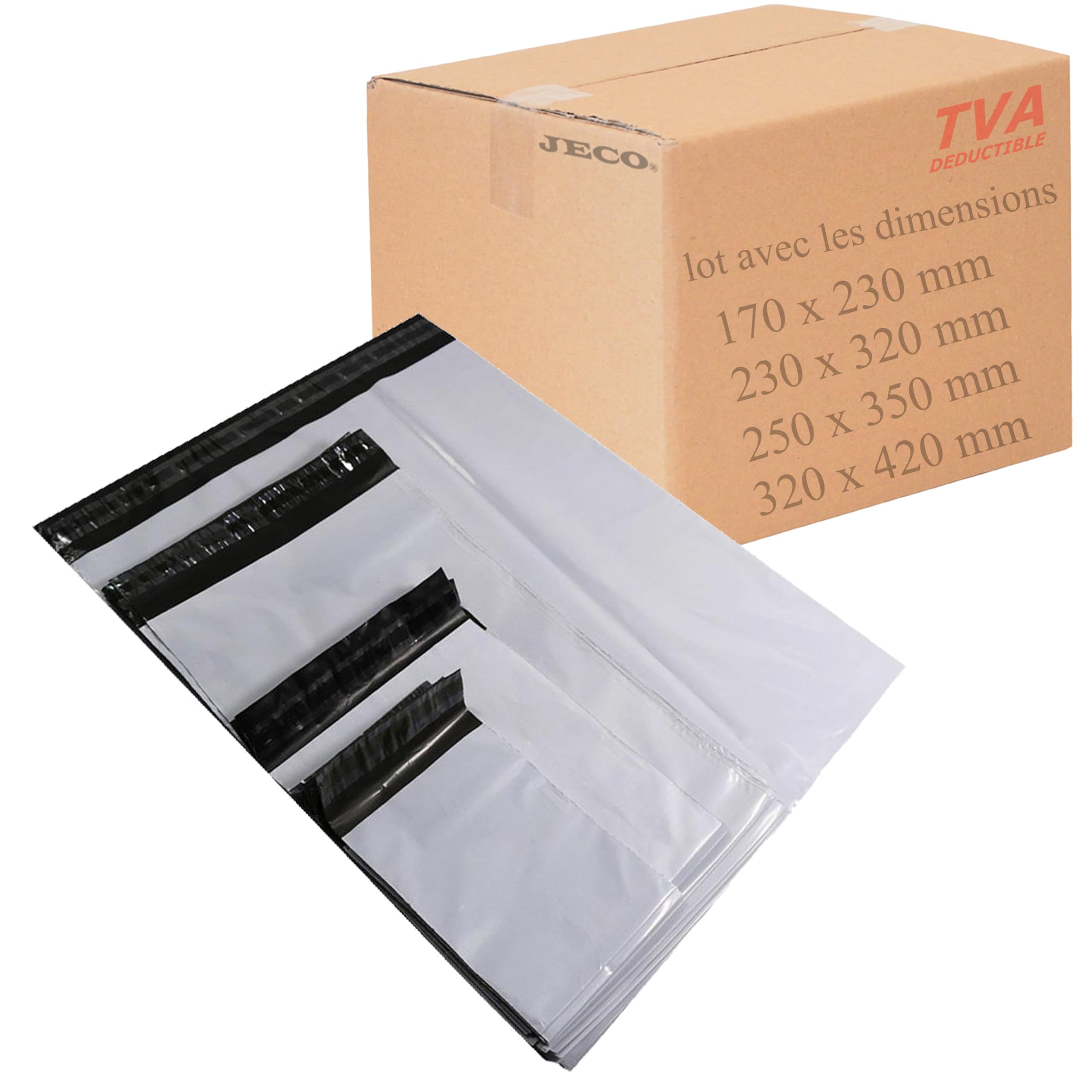Jeco- Assortiment de 400 enveloppes plastiques d'expédition opaques 4 tailles. Pochettes d'expédition 50 microns, légères, solides, inviolables et imperméables
