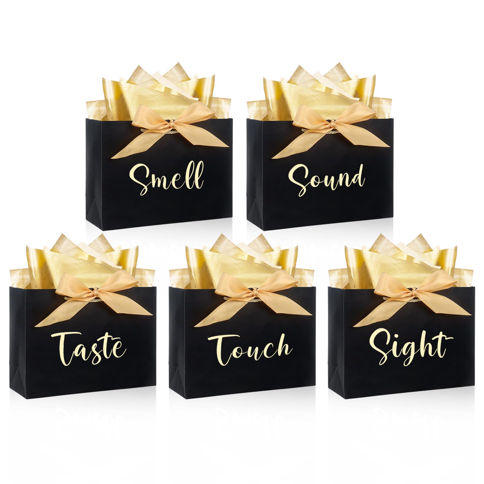 5 Senses Gift Bags with 10 Sheets Tissue Paper, 28×10×20 cm Reusable Black Gift Bags for Creative Gifting
