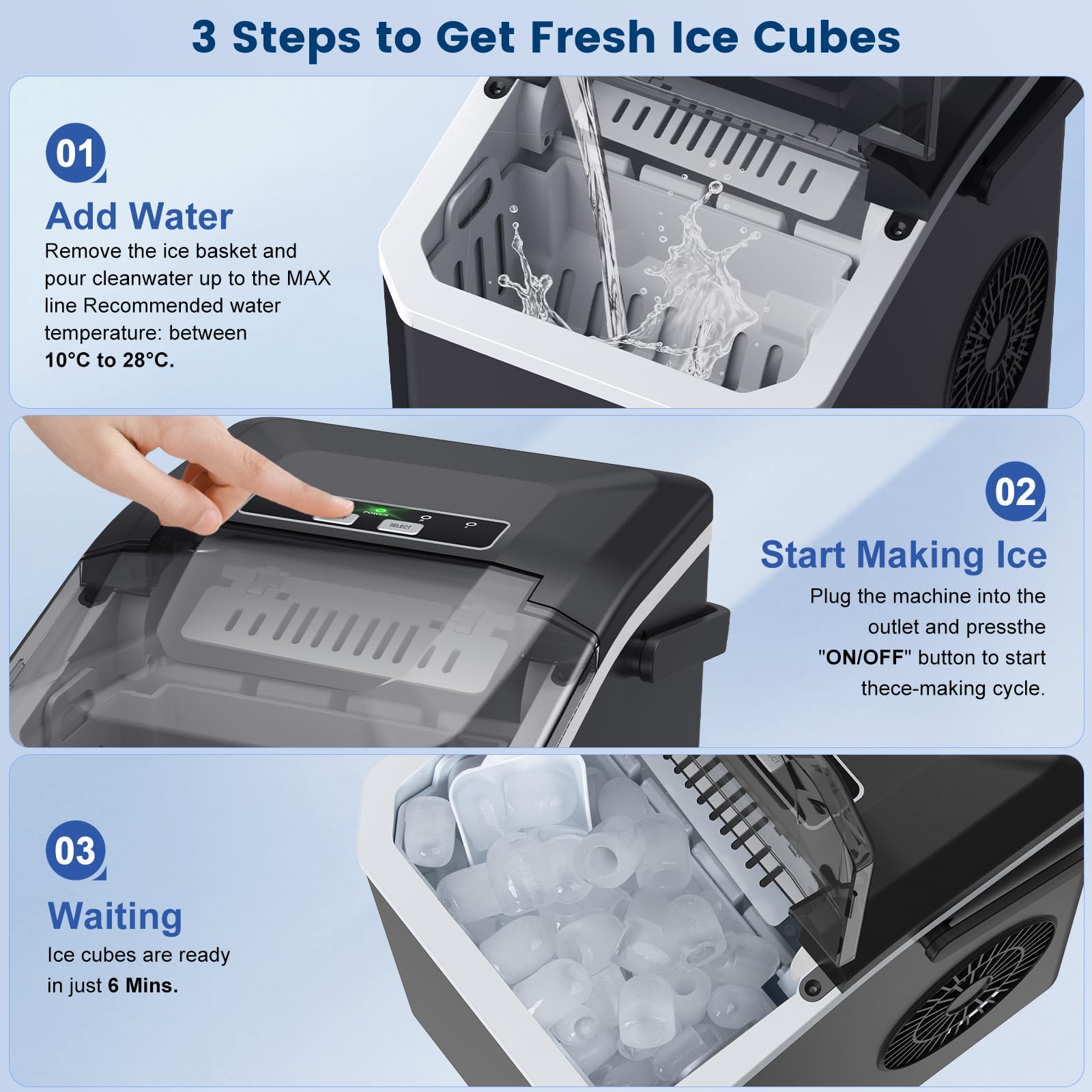 Machine à Glaçon, 9 Glaçons en 6-8 Minutes, 2 Tailles de Glaçons,14kg en 24h, Machine a Glace Autonettoyante avec Pelle à Glaçons pour Maison/Cuisine/Camping (Noir) - 5
