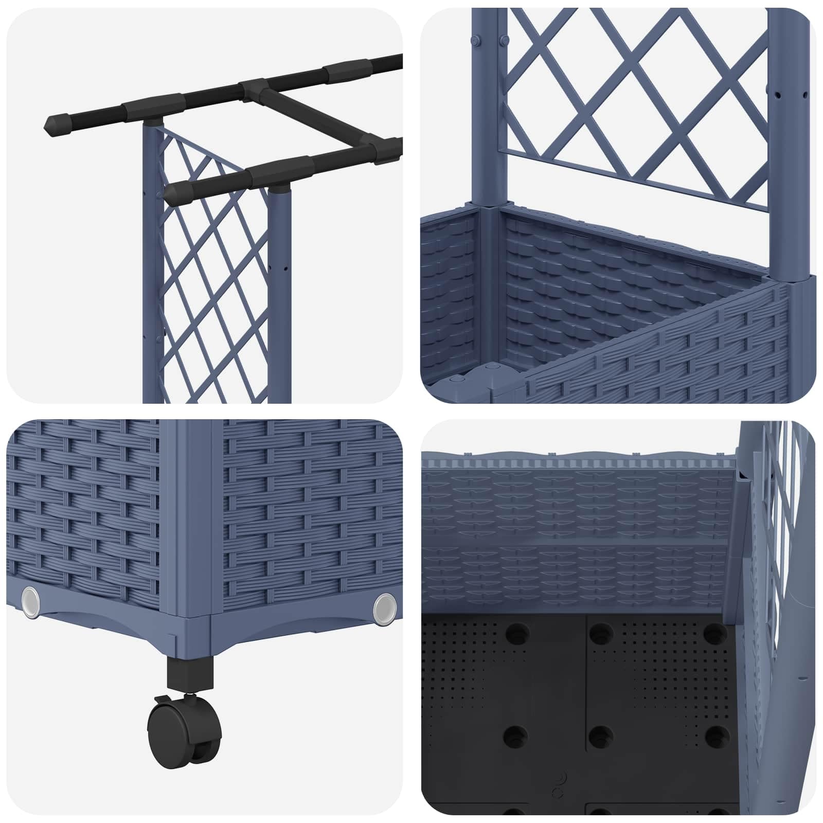 Bancal alto con enrejado y techo, gris, 162,5 x 40 x 142 cm, polipropileno | Jardinera móvil de polipropileno para terraza y balcón, con enrejado resistente a la intemperie y almacenamiento de agua.