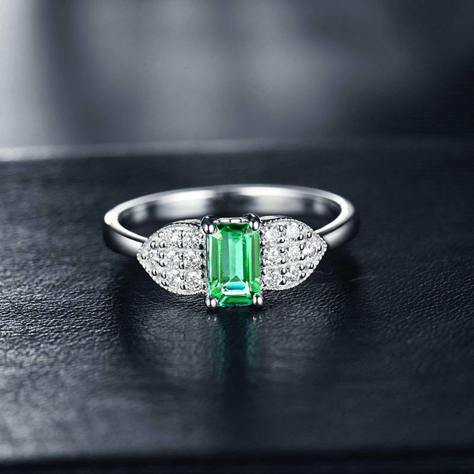 Anillos de compromiso de platino para mujer, anillo de aniversario con hoja de esmeralda de 1 quilate y moissanita de 0,3 quilates, tamaño H 1/2-V 1/2
