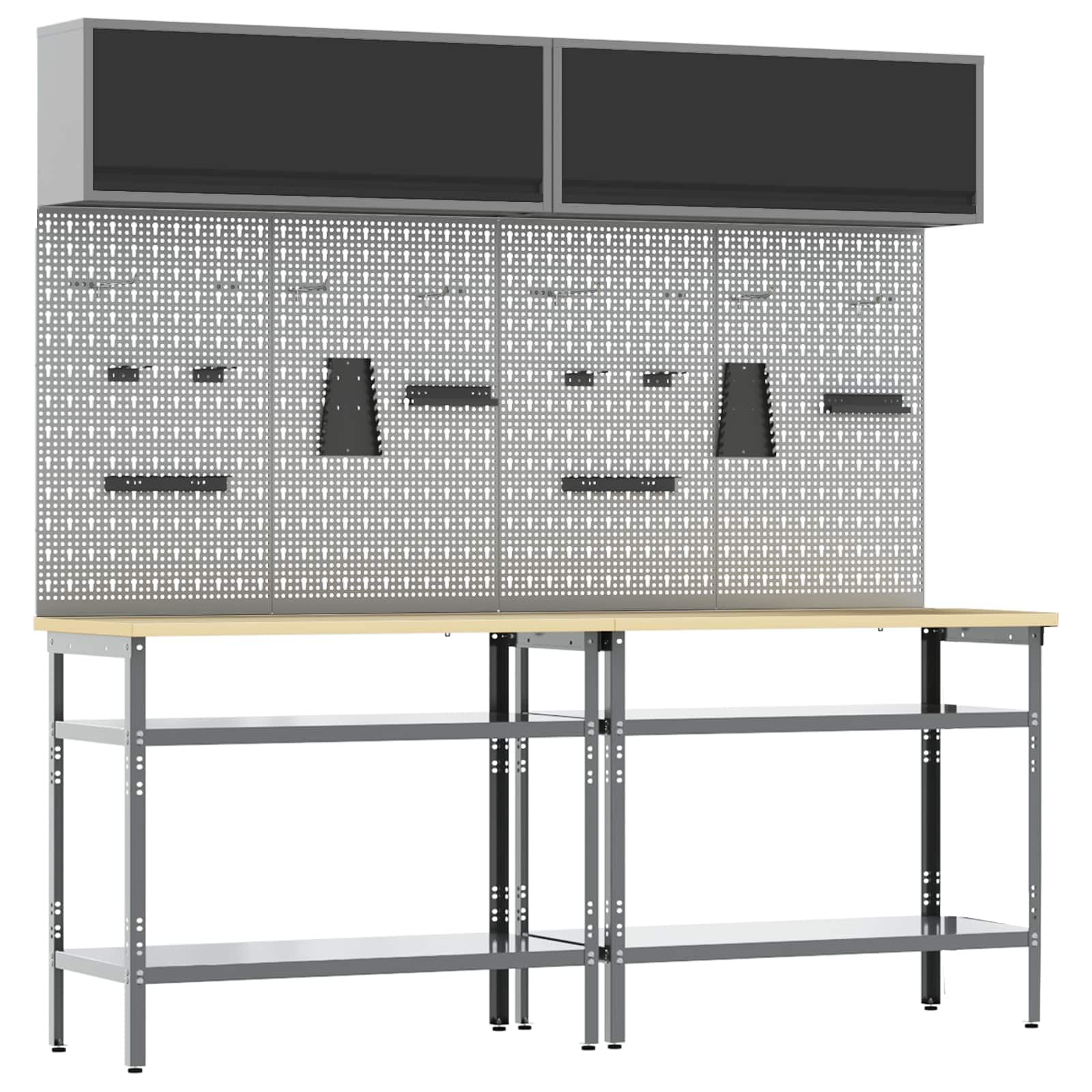 Juego de banco de trabajo de 8 piezas de acero con recubrimiento en polvo negro y gris con estantes metálicos y cerradura, 200 x 55 x 200 cm, ideal para taller, garaje y sala de ocio con mucho