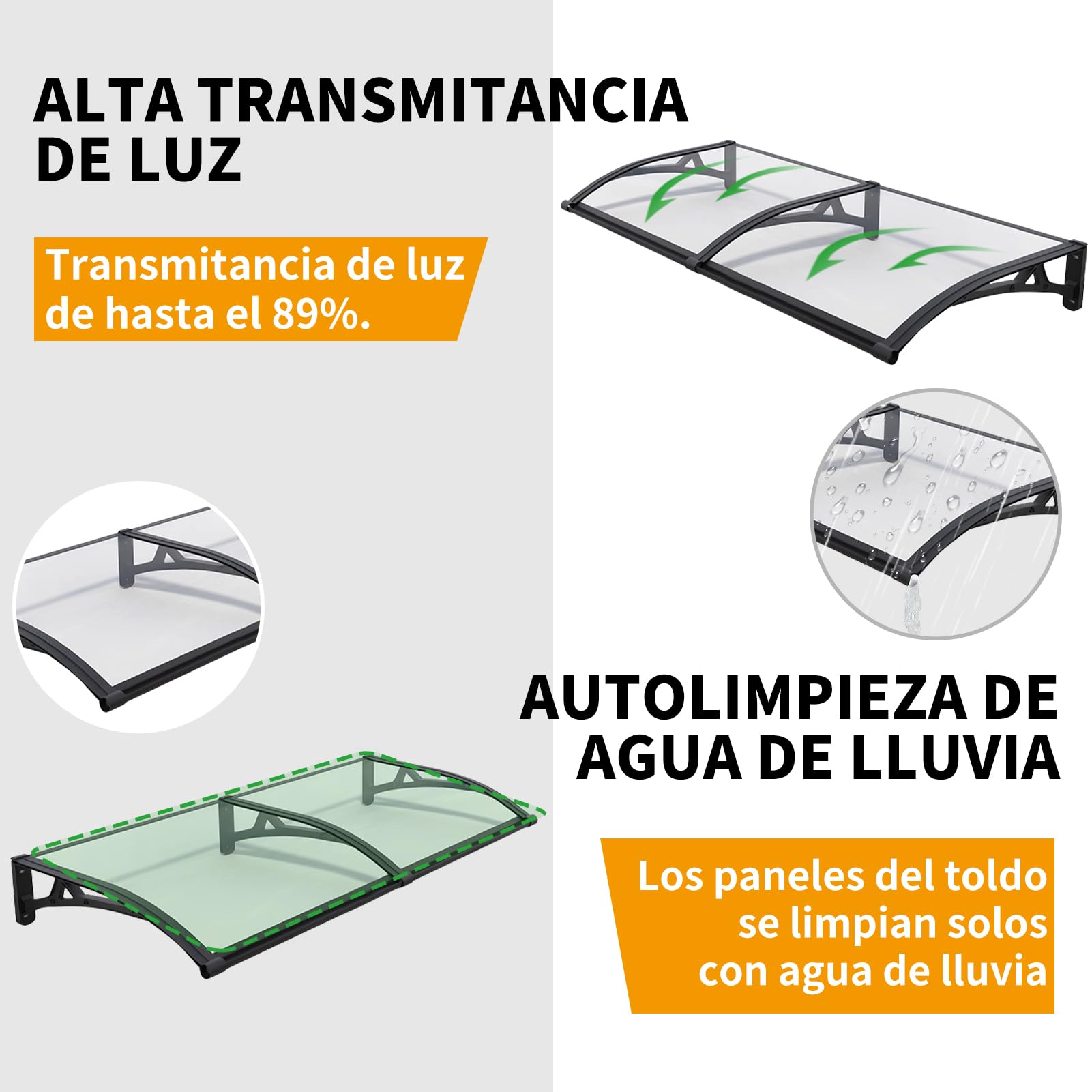 Marquesina Puerta Exterior, Marquesina para Puerta de Entrada, Toldo Exterior de Policarbonato y Aluminio, Protección contra Lluvia, Nieve y Sol, Fácil Instalación(80×160cm)