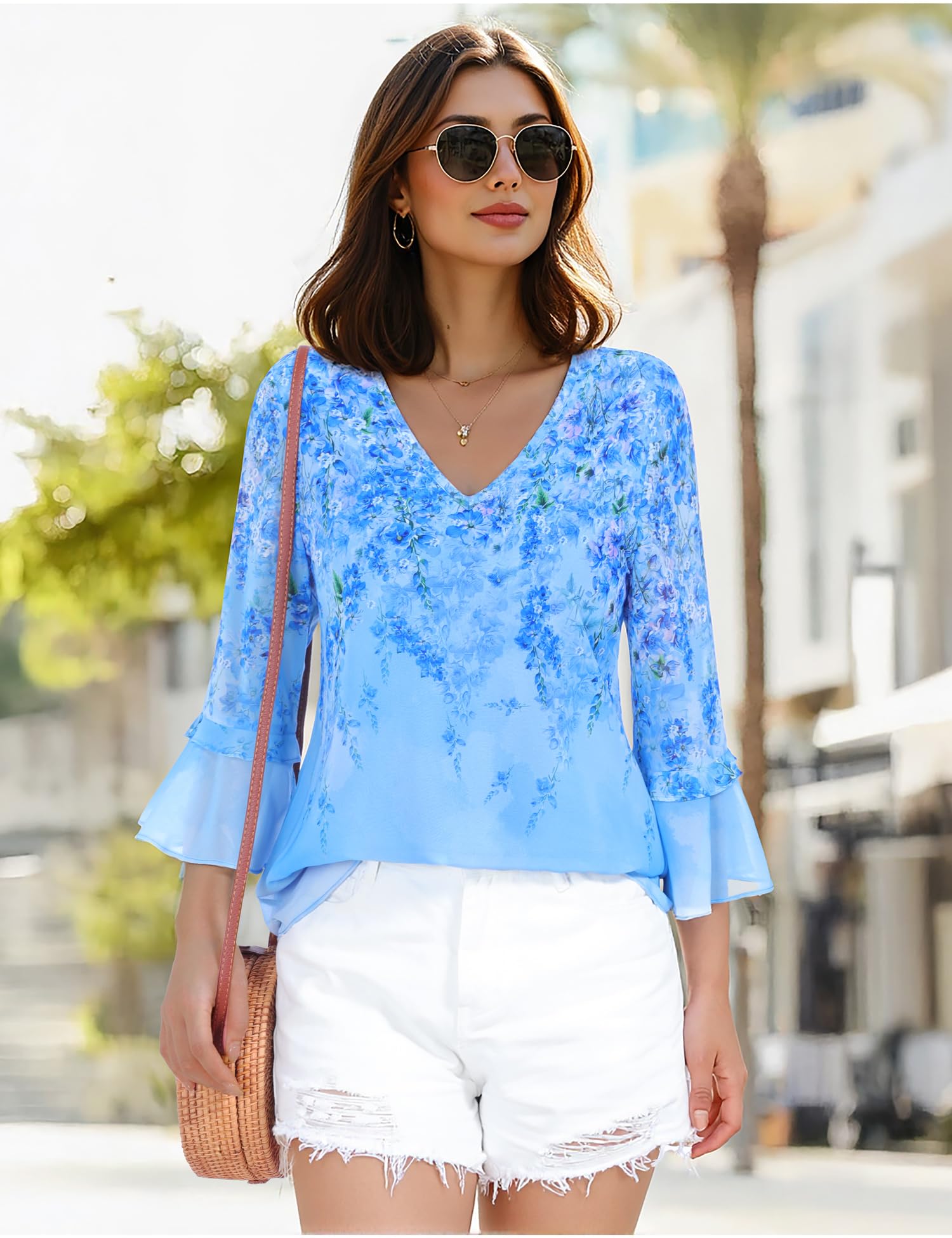 Vafoly Camicette da donna eleganti casual a maniche a 3/4 con scollo a V floreale chiffon