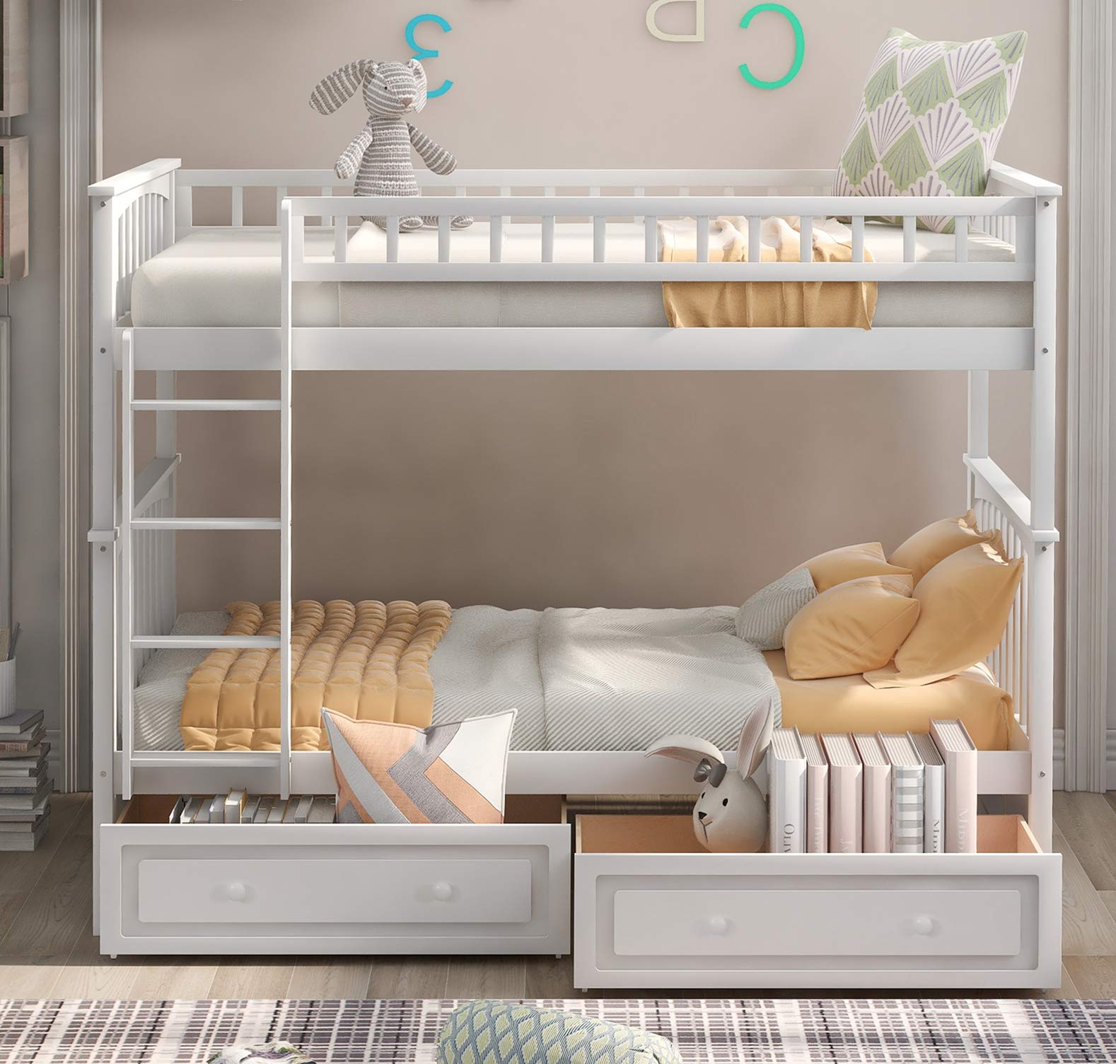 Harper & Bright Designs Bunk Beds Twin Over Twin, Twin Bunk Bed with Sotrage Drawers, Wooden Bunk Bed with Safety Rail Ladder,Can be Convertible to 2 Beds,White