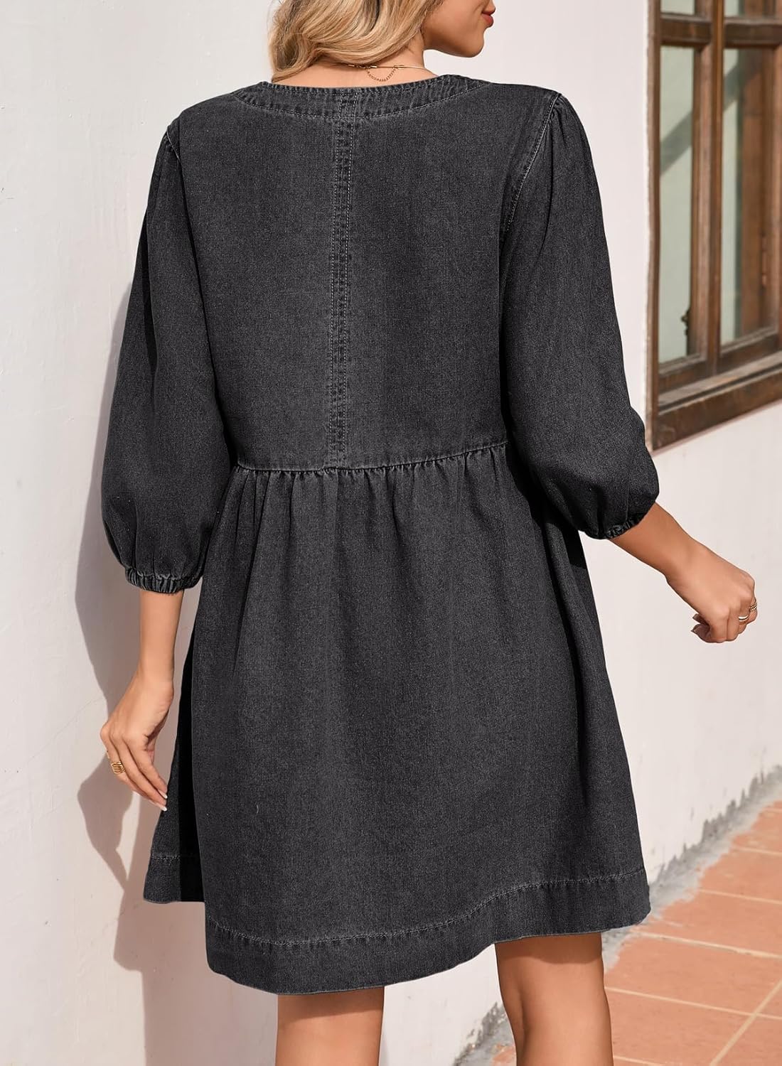 Sidefeel Women's Spring Outfit Denim Dress 3/4 Sleeve Loose Fit Square Neck Summer Jean Dresses with Pockets - Image 2