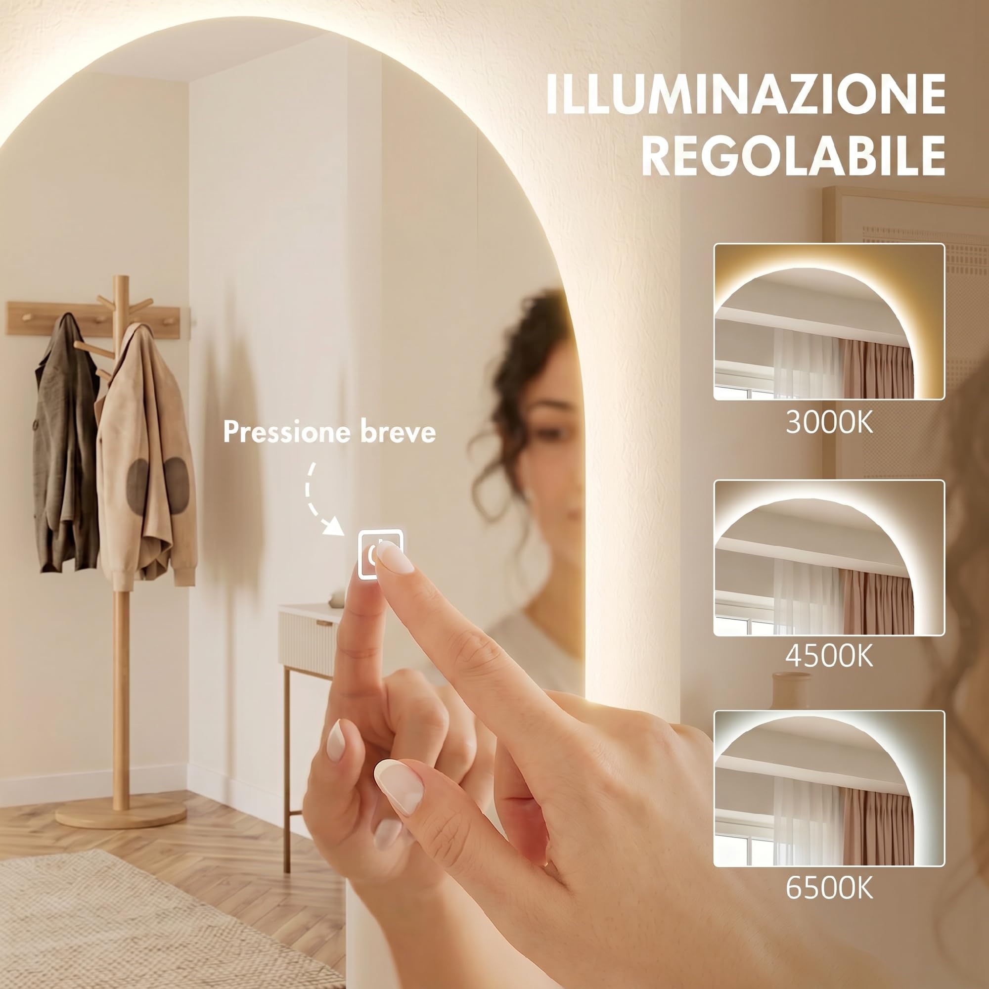 HOMCOM Specchio da Parete ad Arco LED Regolabile 40x3x120 cm Trasparente | Illuminazione, Controllo Touch, Specchio Illuminato, Vetro Temperato, Funzione Memory