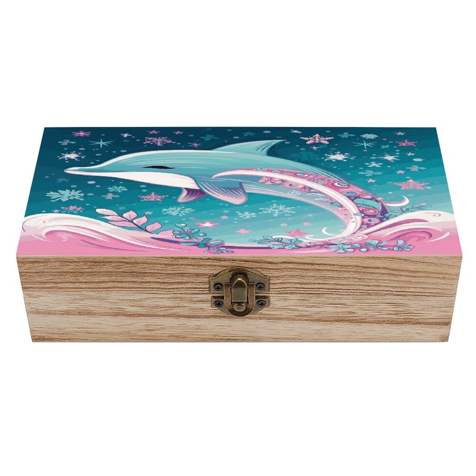 MUSM Cute Dolphin Snowflake Wooden Storage Box Vintage Wood Box with Lid Exquisite Crafts DIY Wood Gift Boxes Fashion Jewelry Boxes Art Stash Keepsake Storage Case Large Jewelry Case