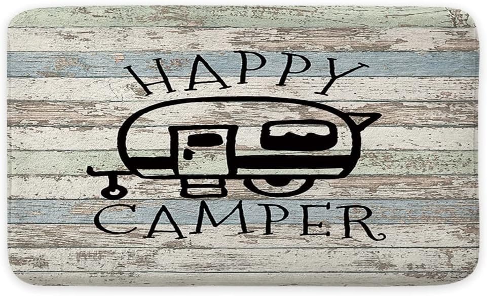 JAWO Happy Campers Bath Mat, Non Slip Bathtub Rug Retro Rustic Wood Neutral Color for Travel Trailer Camping Theme Motor RV Bathroom Accessory Set