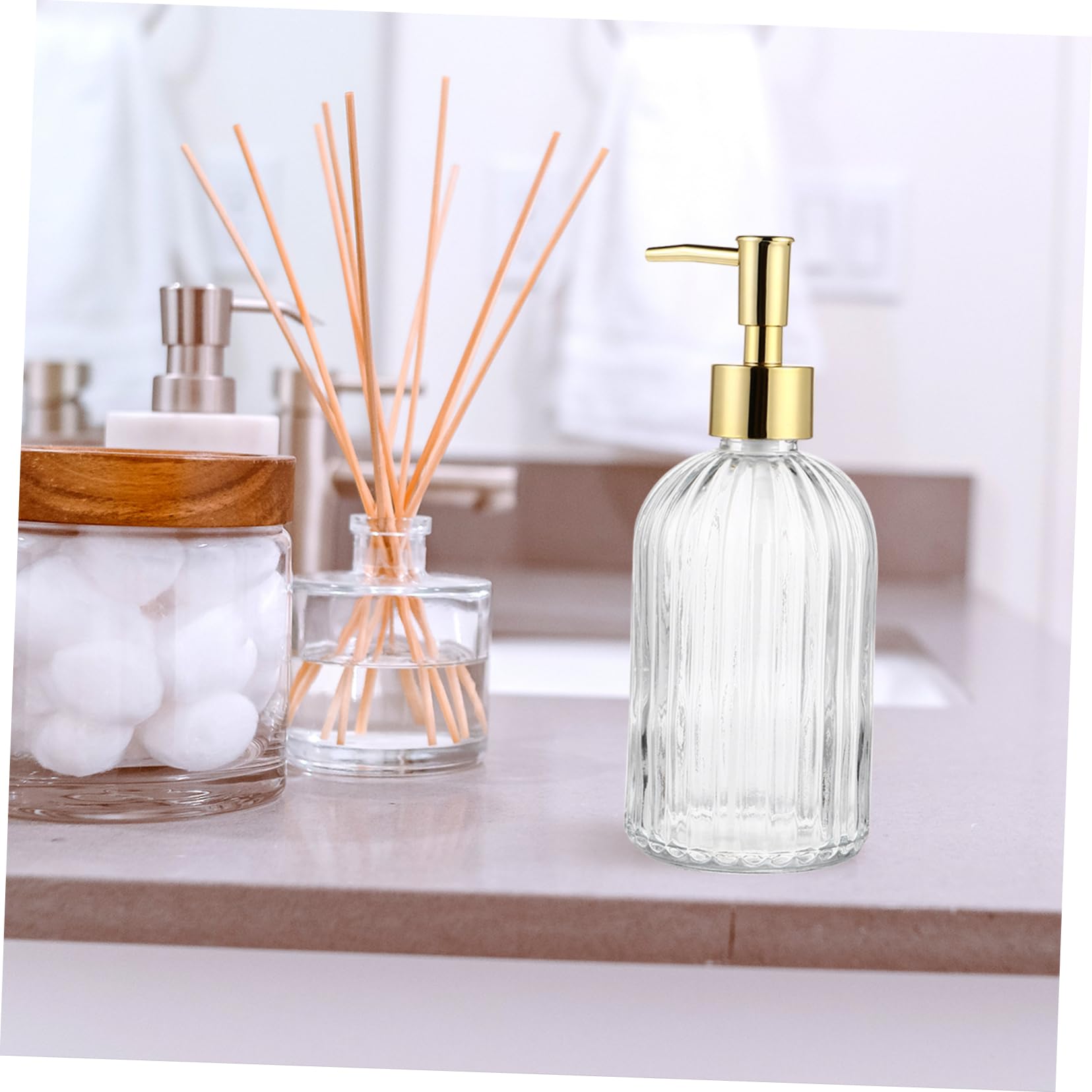 SOLUSTRE 2 pezzi Bottiglie Dispenser Lozione Vetro Trasparente con Pompa Pressione Ricaricabili per Shampoo e Gel Doccia Bottiglie per Bagno con Bocca per Facile Riempimento