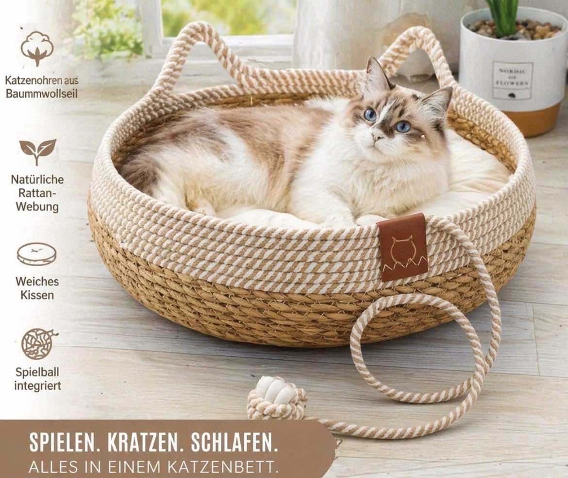 Katzenbett mit Kissen, 50cm Waschbar Katzenkorb Katzenbett Katzenhöhle Haustierbett mit Kissen und Spielball aus Sisal geflochten, zum Schlafen für Alle Katze