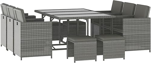 Miniatura 10 de Outsunny Juego de comedor de mimbre para patio, 11 piezas, juego de conversación seccional al aire libre, con mesa de comedor, otomana y silla y