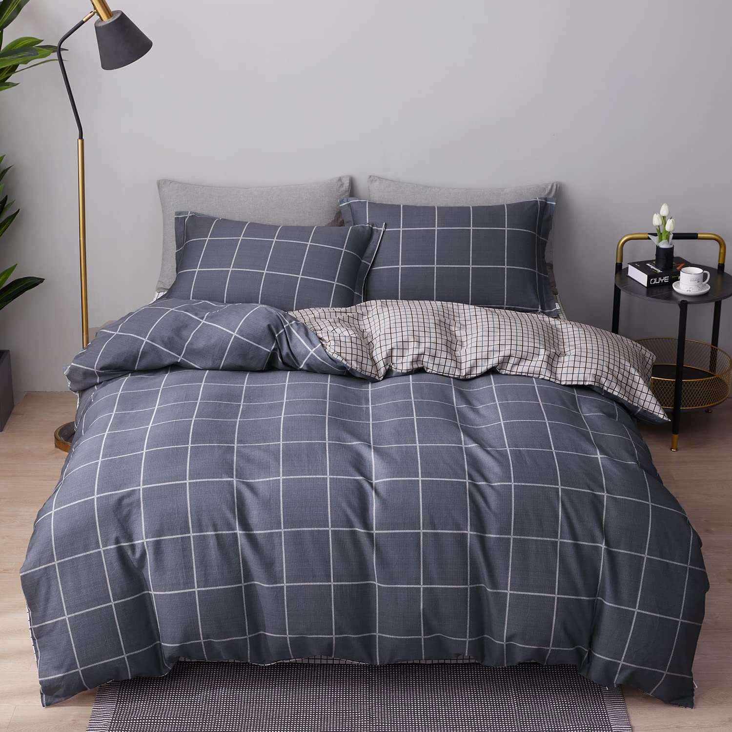 SAPHREAS Gray Plaid Duvet Cover Set 100% Cotton Single Size Comforter Cover Set 1 Duvet Cover 1 Pillow Shams