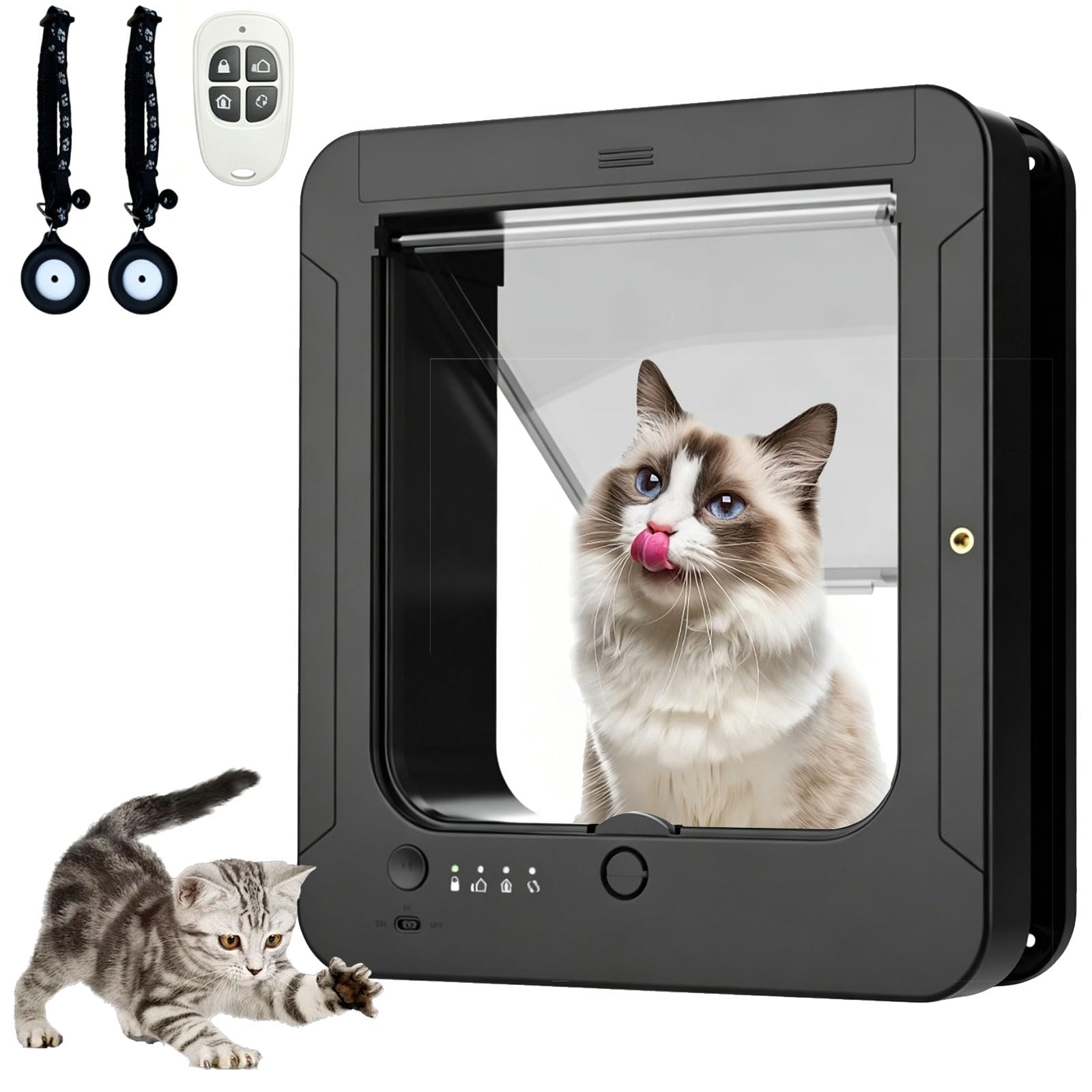 Microchip - Puerta para gatos con 2 collares de sensor y control remoto, bloqueo de 4 vías, solapa automática resistente a la intemperie para gatos y perros pequeños, tamaño de apertura 7.7 x 8.3