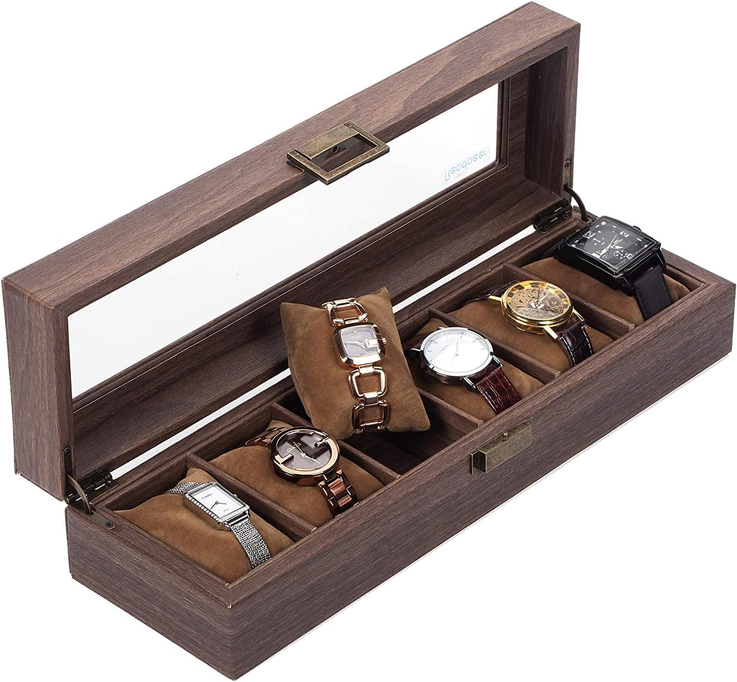 YAMDAYAMDA Watch Box, Executive 6 Slots Watch Case with Valet, Glass Topped Wooden Watch Display Case Watch Organizer, Watch Box Organizer Watch Case with Glass Top (6 WATCHES SLOT)