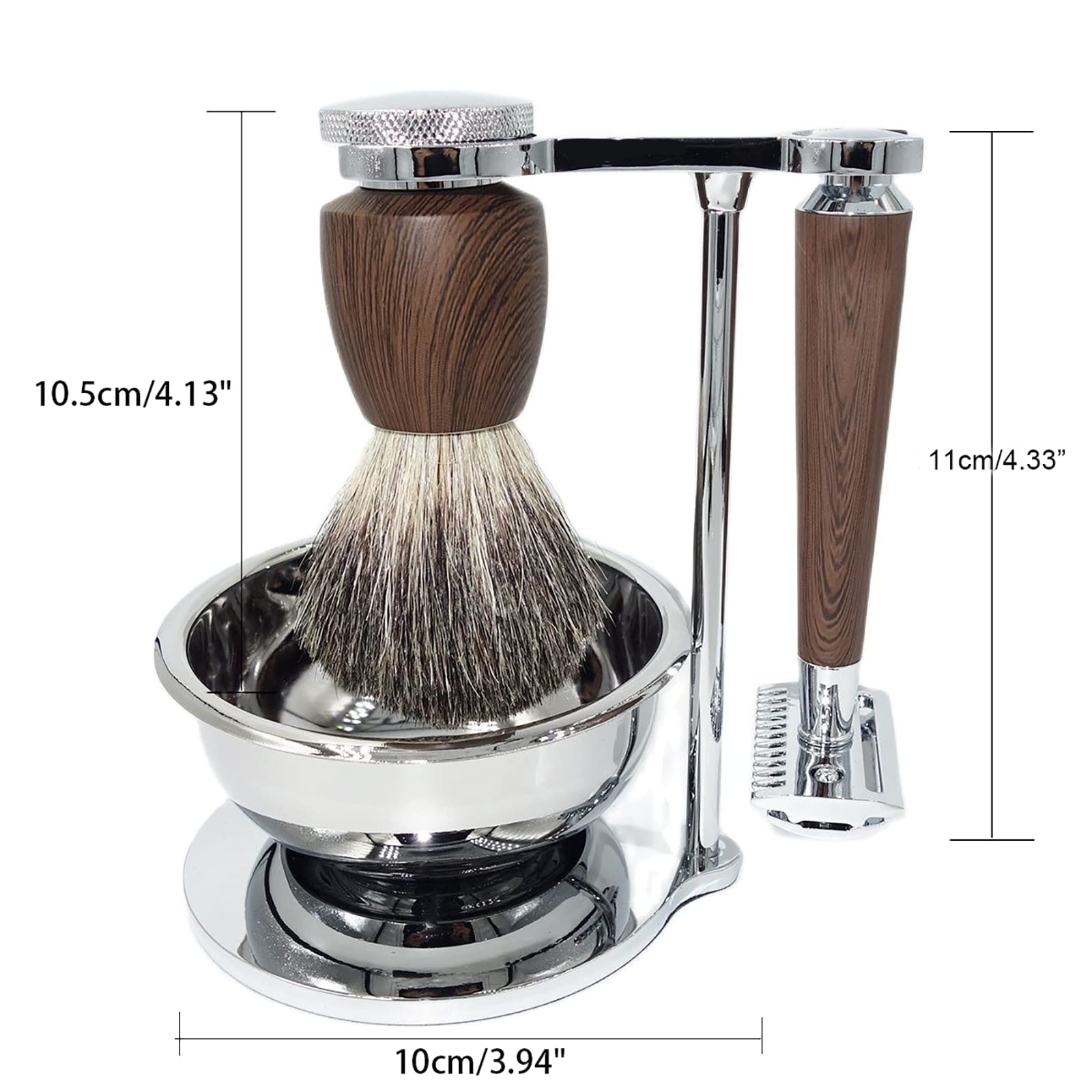 Set da barba professionale per uomo, include rasoio di sicurezza per barba bagnata, 10 lame, manico in palissandro con setole di tasso, spazzola da barba e supporto per ciotola, regalo unico