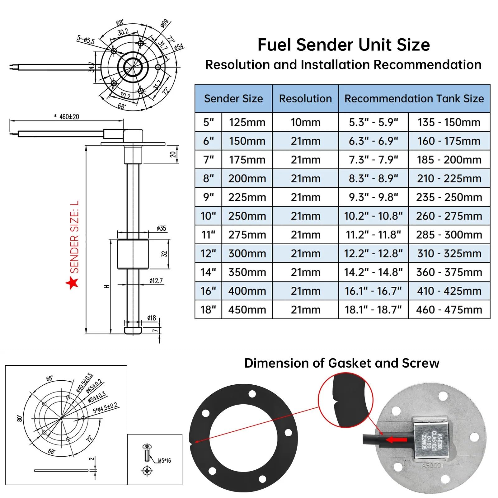 Carburante Serbatoio Indicatore Sensore Carburante Sensore di livello carburante 0-190 Ohm 100MM 125MM 150MM 200MM 300MM 400MM 575MM per serbatoio liquido olio per camion auto marine(350mm Sensor)