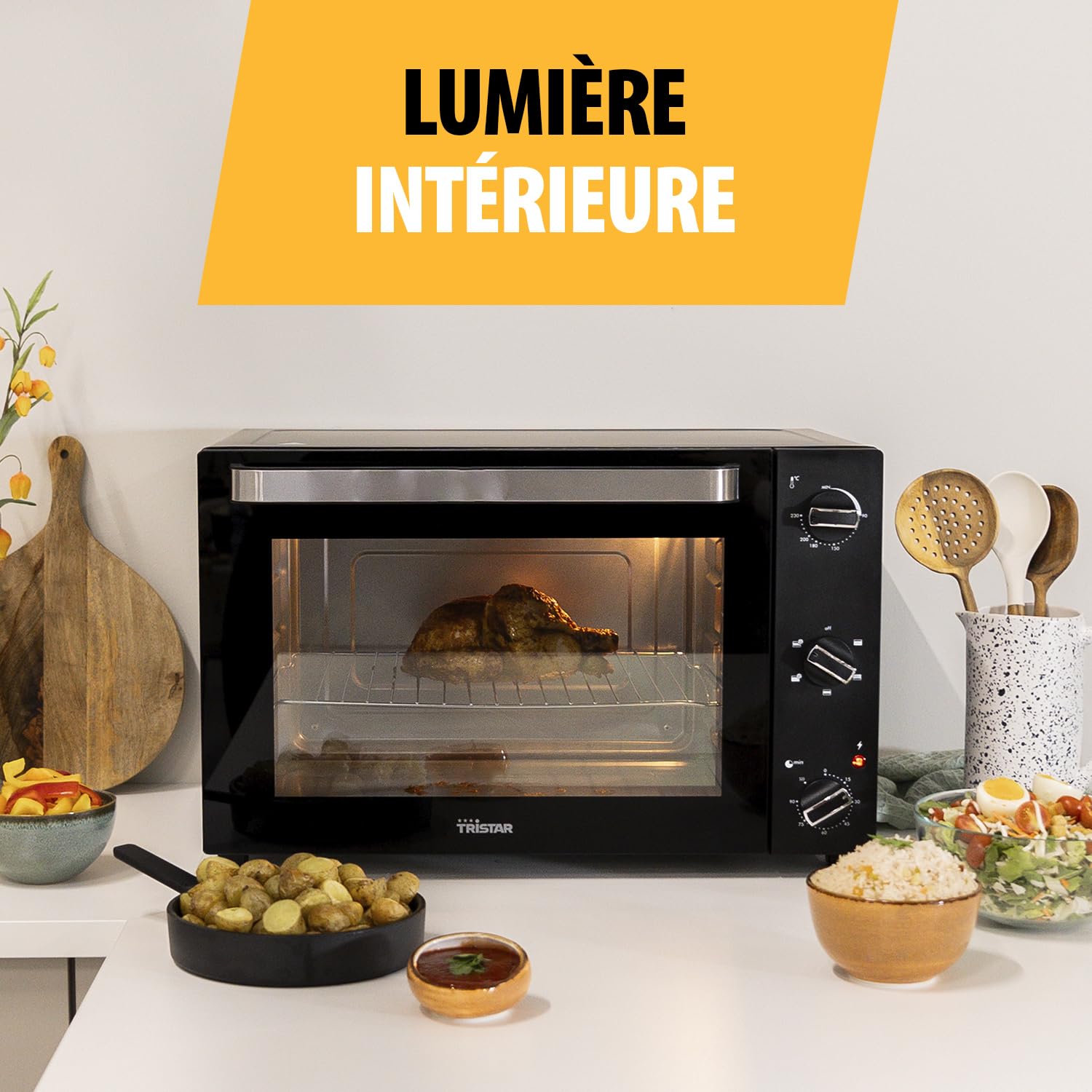 Tristar Four à convection, 2000 Watt, 60 L, Minuterie 90 min, avec Lampe Intérieure, Porte à Double Vitrage, Thermostat réglable jusqu’à 230°C, Accessoires inclus, OV-3640