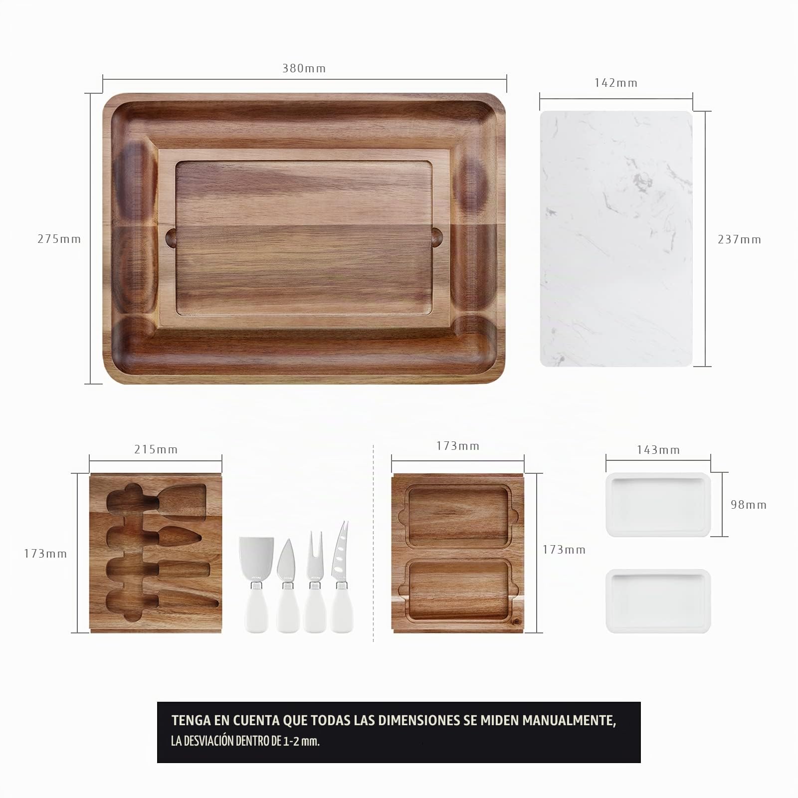 hecef Juego de Tablas de Queso de Madera de Acacia, Plato de Queso con 2 cajones deslizables, Juego de Cubiertos, Platos de Aperitivos y Pizarra de Queso de mármol, Tabla de Embutidos para Servir