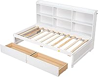 Vista 33 de Cama de plataforma individual con estantería lateral, plataforma moderna con cajones de almacenamiento, marco de cama de madera maciza