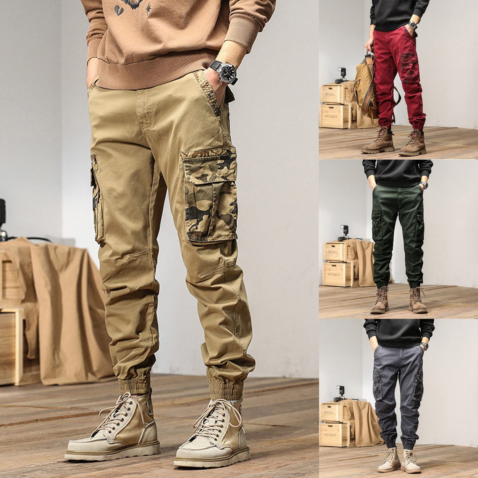 Generisch Pantalones cargo para hombre Slim Fit: Pantalones de trabajo con puños Pantalones de chándal con muchos bolsillos Pantalones tácticos Pantalones deportivos resistentes a la abrasión