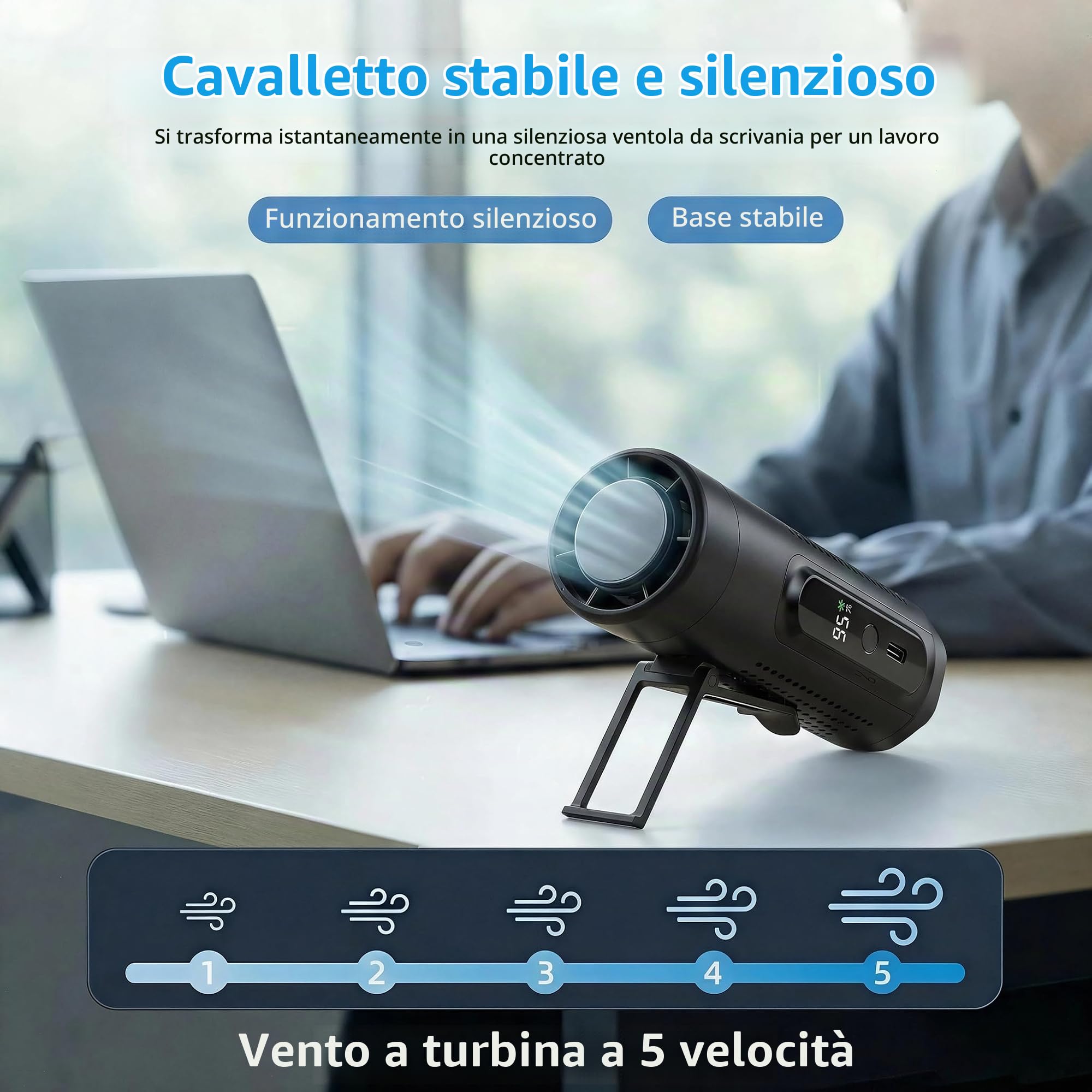 Mini Ventilatore Portatile 3 in 1 con Piastra Raffreddante, 5 Velocità, Display LED, USB-C, Clip, Supporto e Torcia, Ricaricabile per Viaggio Ufficio Campeggio Tascabile (Nero)